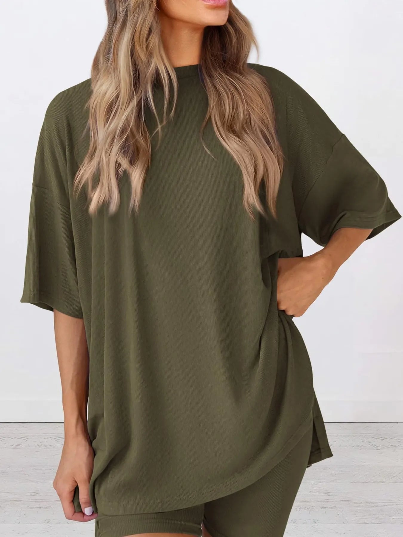 Full Size Oversized Round Neck Top and Shorts Set Plus Size - Lookzlike