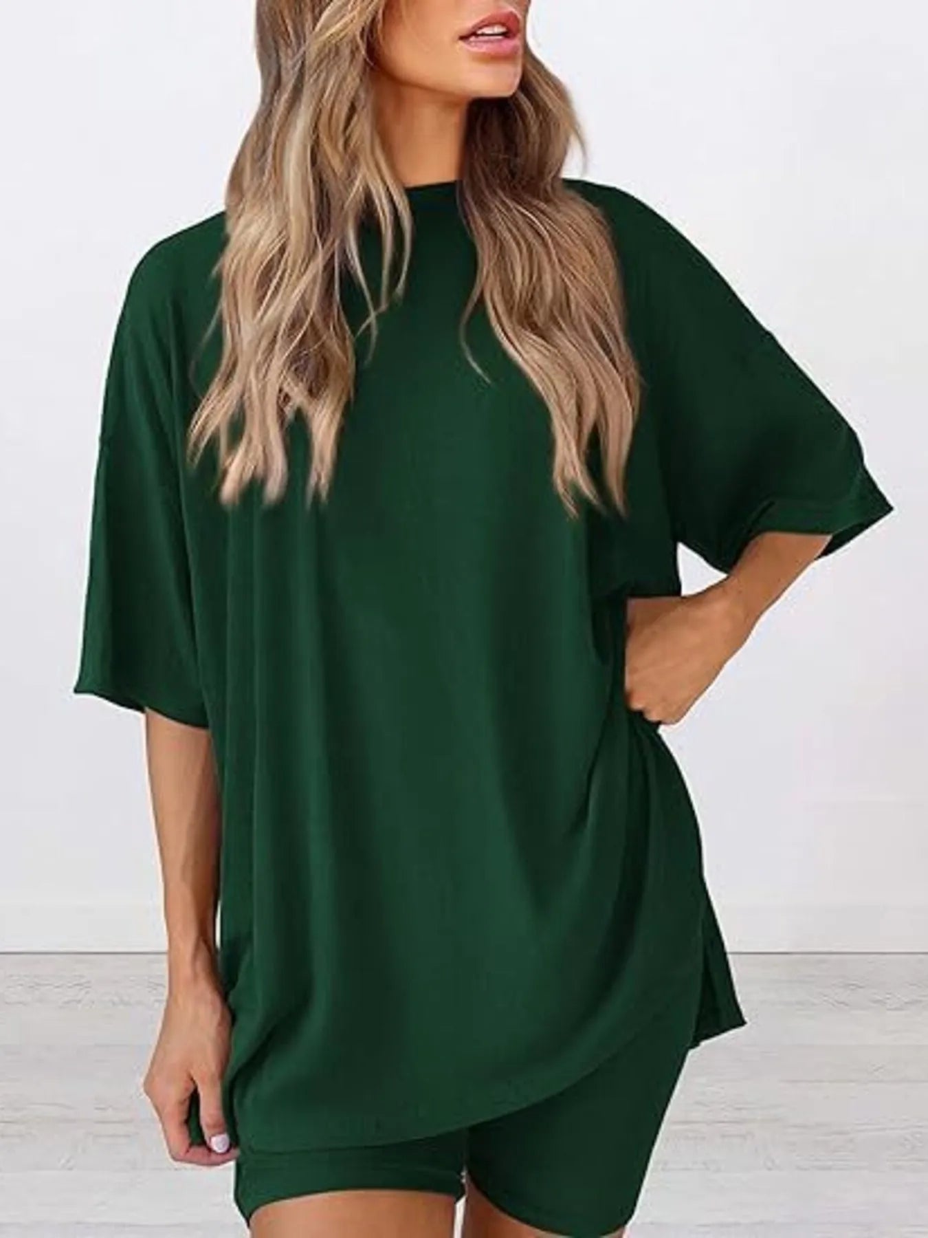 Full Size Oversized Round Neck Top and Shorts Set Plus Size - Lookzlike