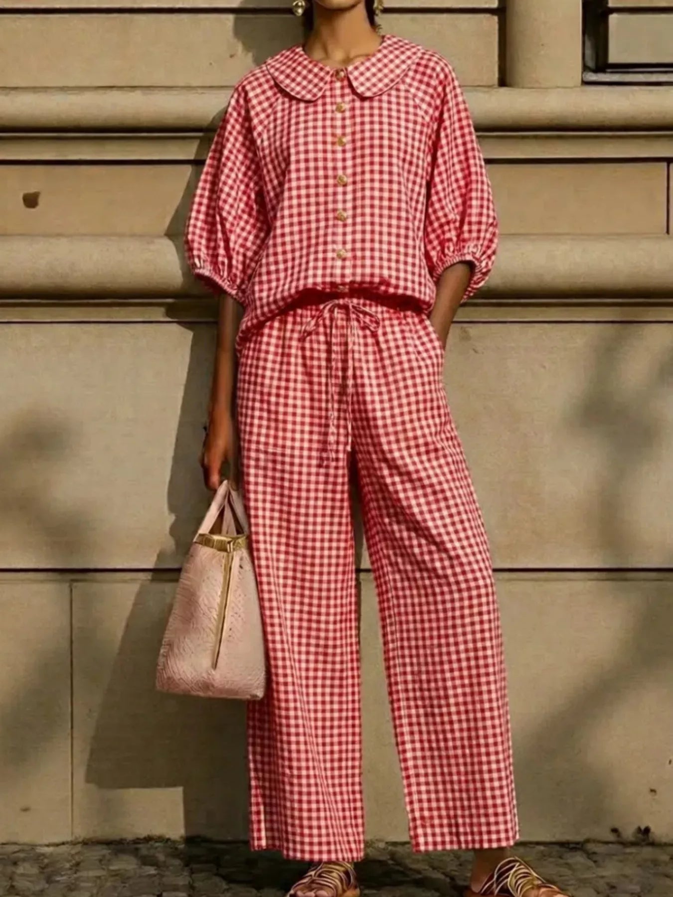 Full Size Plaid Button Up Shirt and Pants Set Plus Size designed for comfort and style at Lookzlike