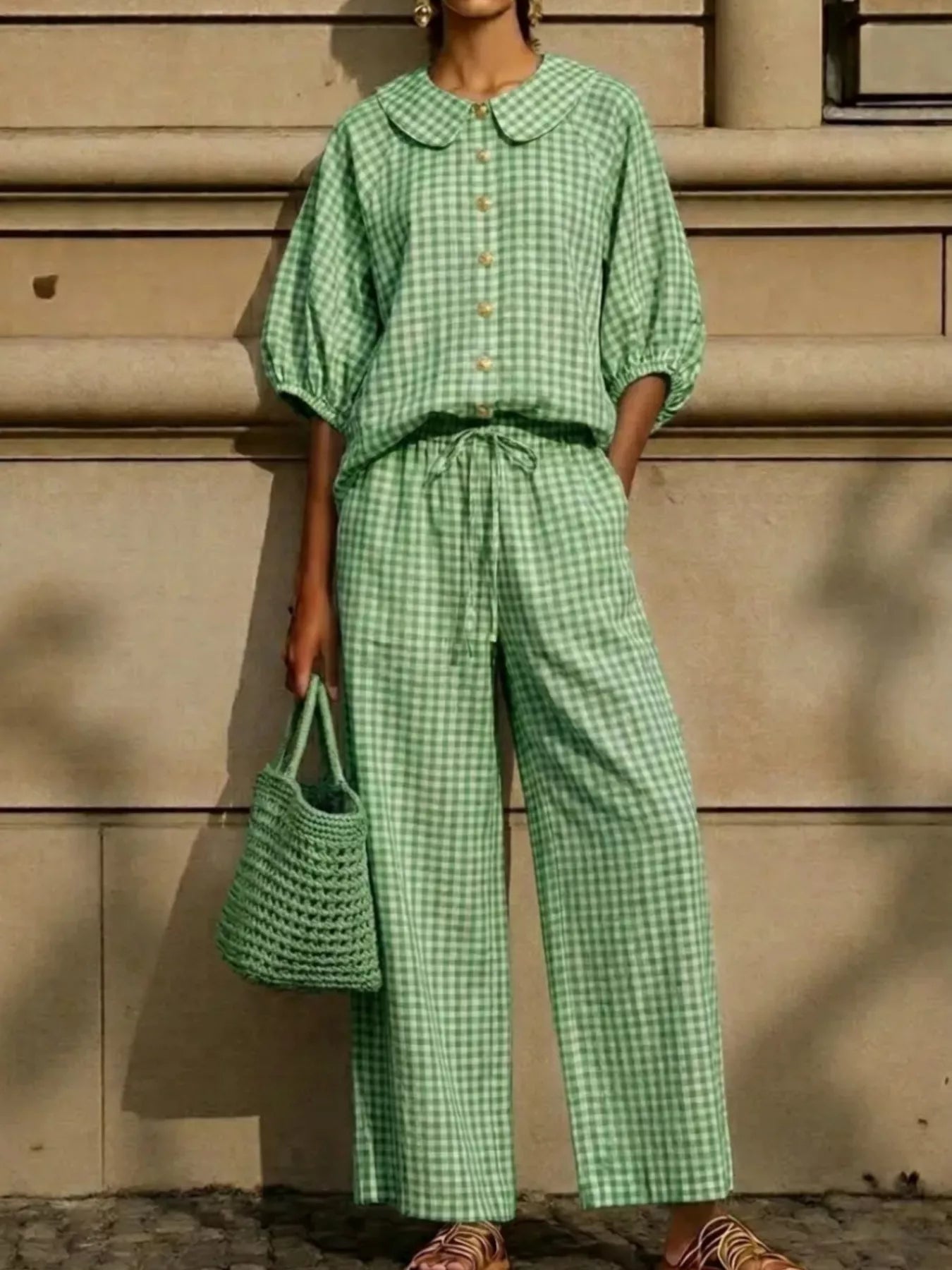 Full Size Plaid Button Up Shirt and Pants Set Plus Size designed for comfort and style at Lookzlike