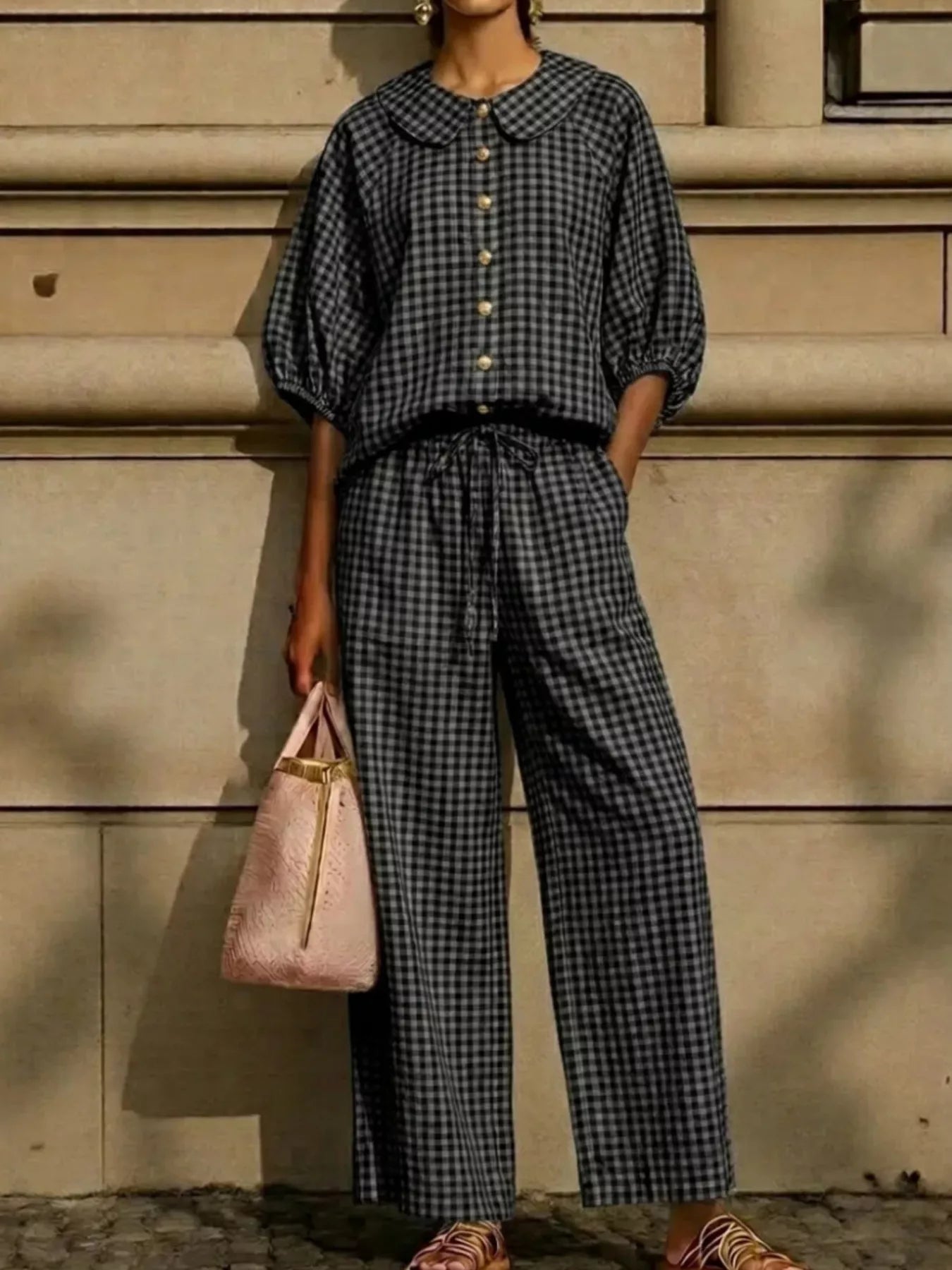 Full Size Plaid Button Up Shirt and Pants Set Plus Size designed for comfort and style at Lookzlike