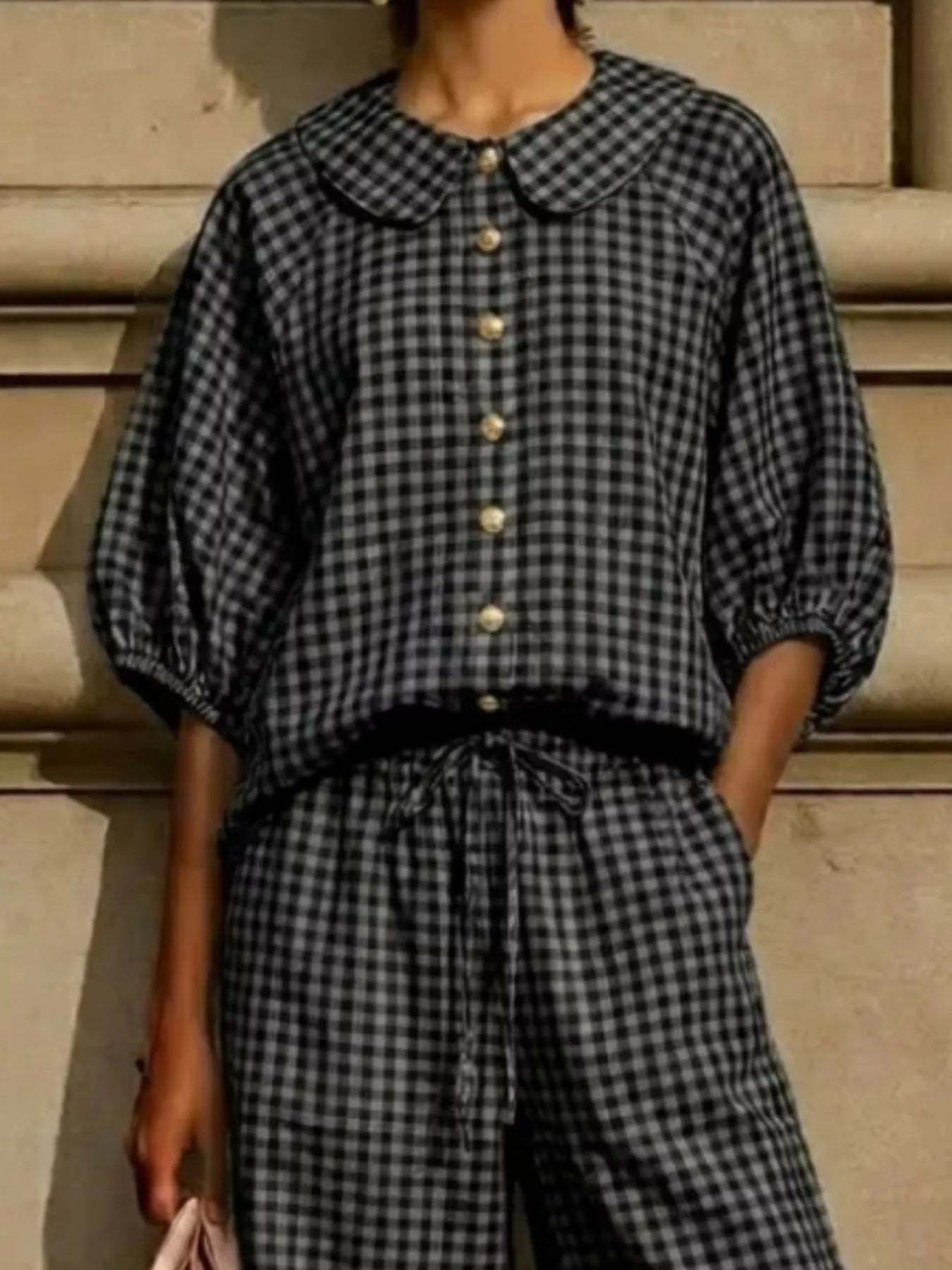 Full Size Plaid Button Up Shirt and Pants Set Plus Size designed for comfort and style at Lookzlike