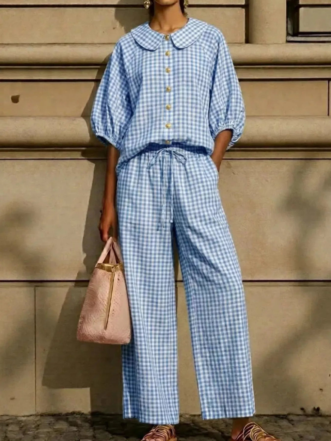 Full Size Plaid Button Up Shirt and Pants Set Plus Size designed for comfort and style at Lookzlike
