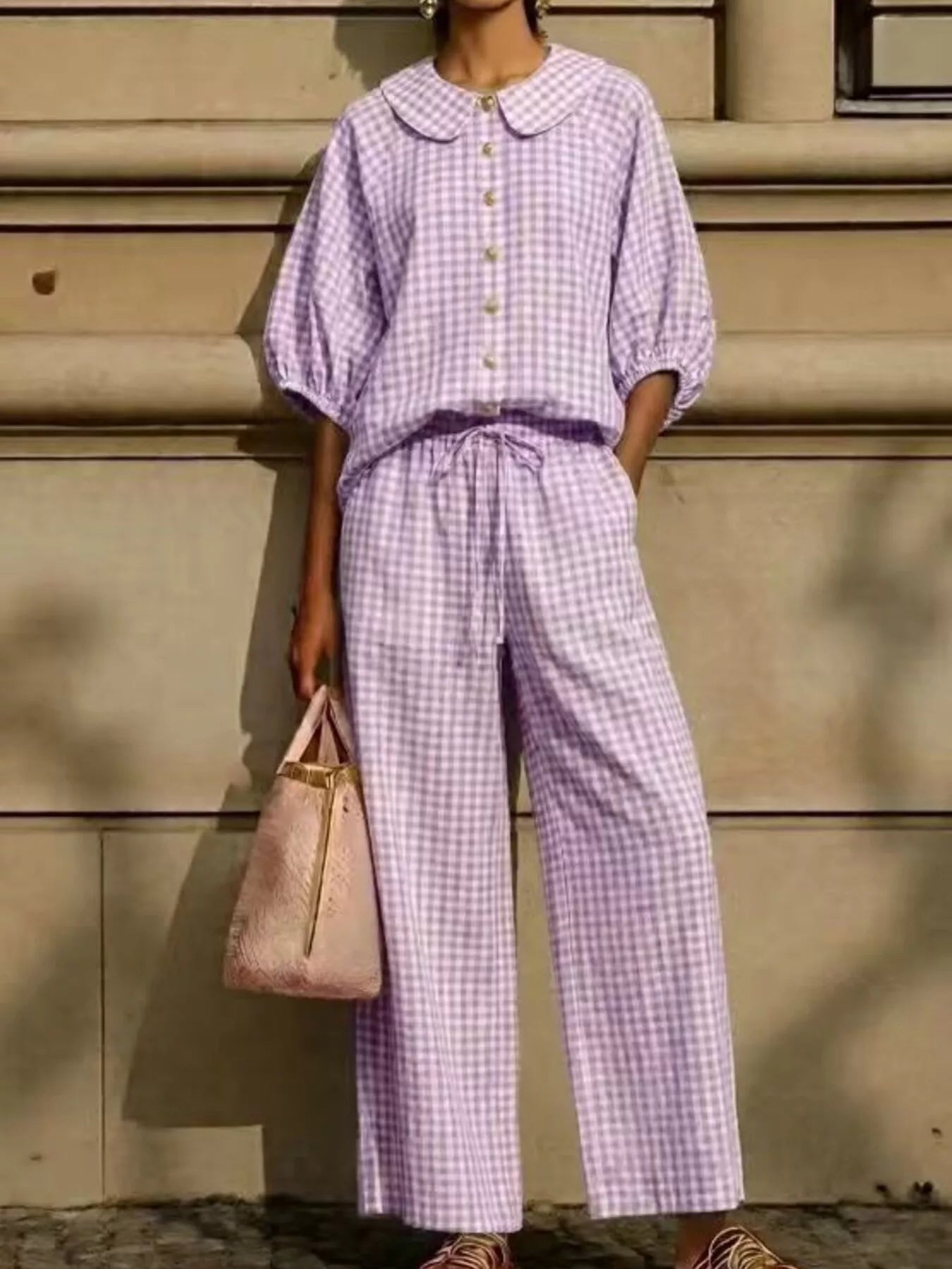 Full Size Plaid Button Up Shirt and Pants Set Plus Size designed for comfort and style at Lookzlike