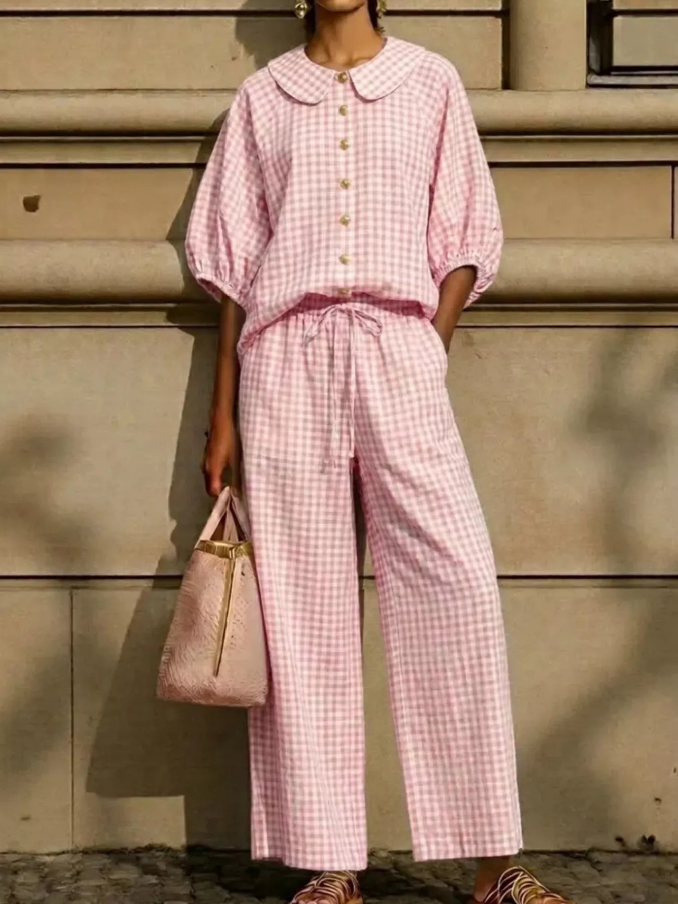 Full Size Plaid Button Up Shirt and Pants Set Plus Size designed for comfort and style at Lookzlike