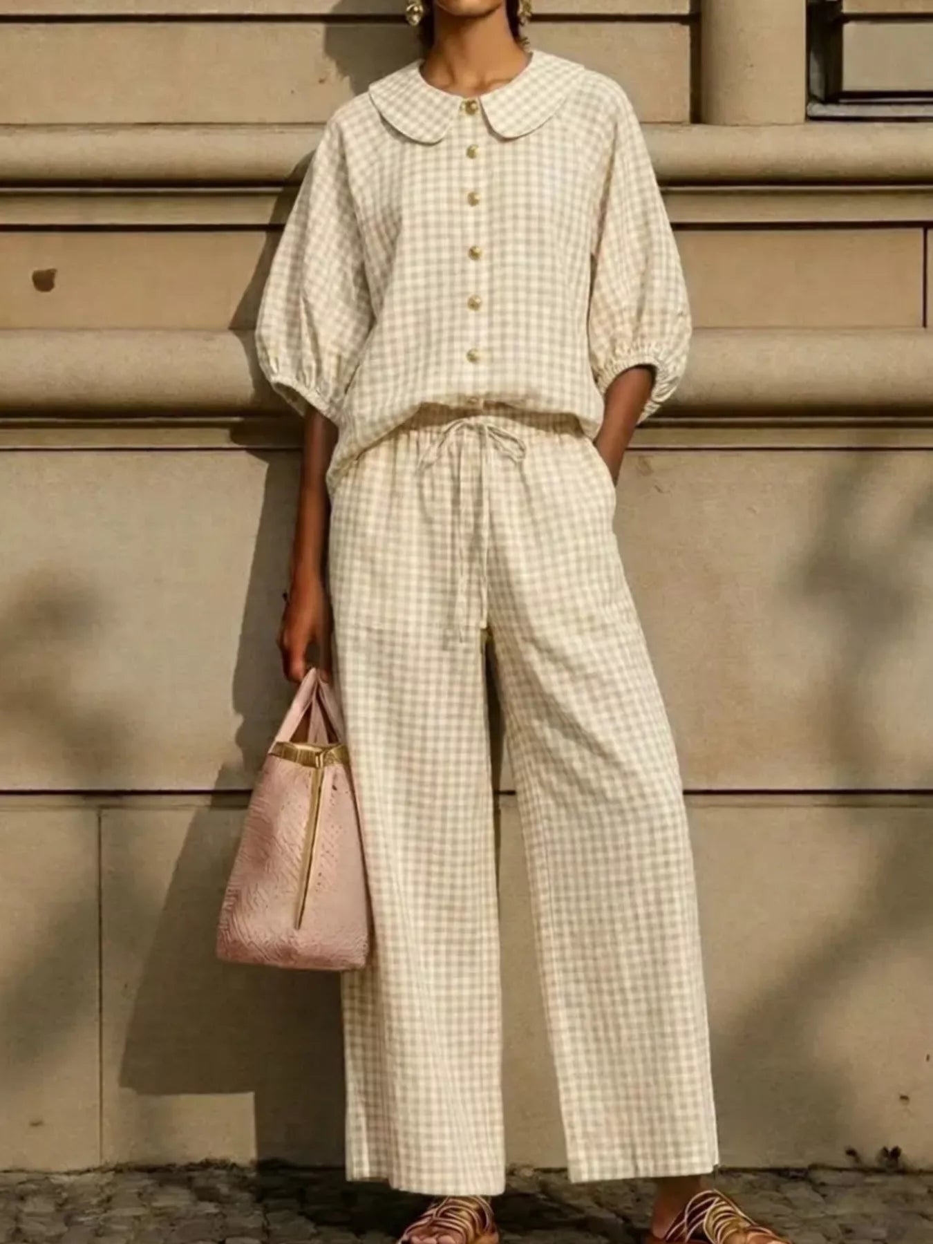 Full Size Plaid Button Up Shirt and Pants Set Plus Size designed for comfort and style at Lookzlike
