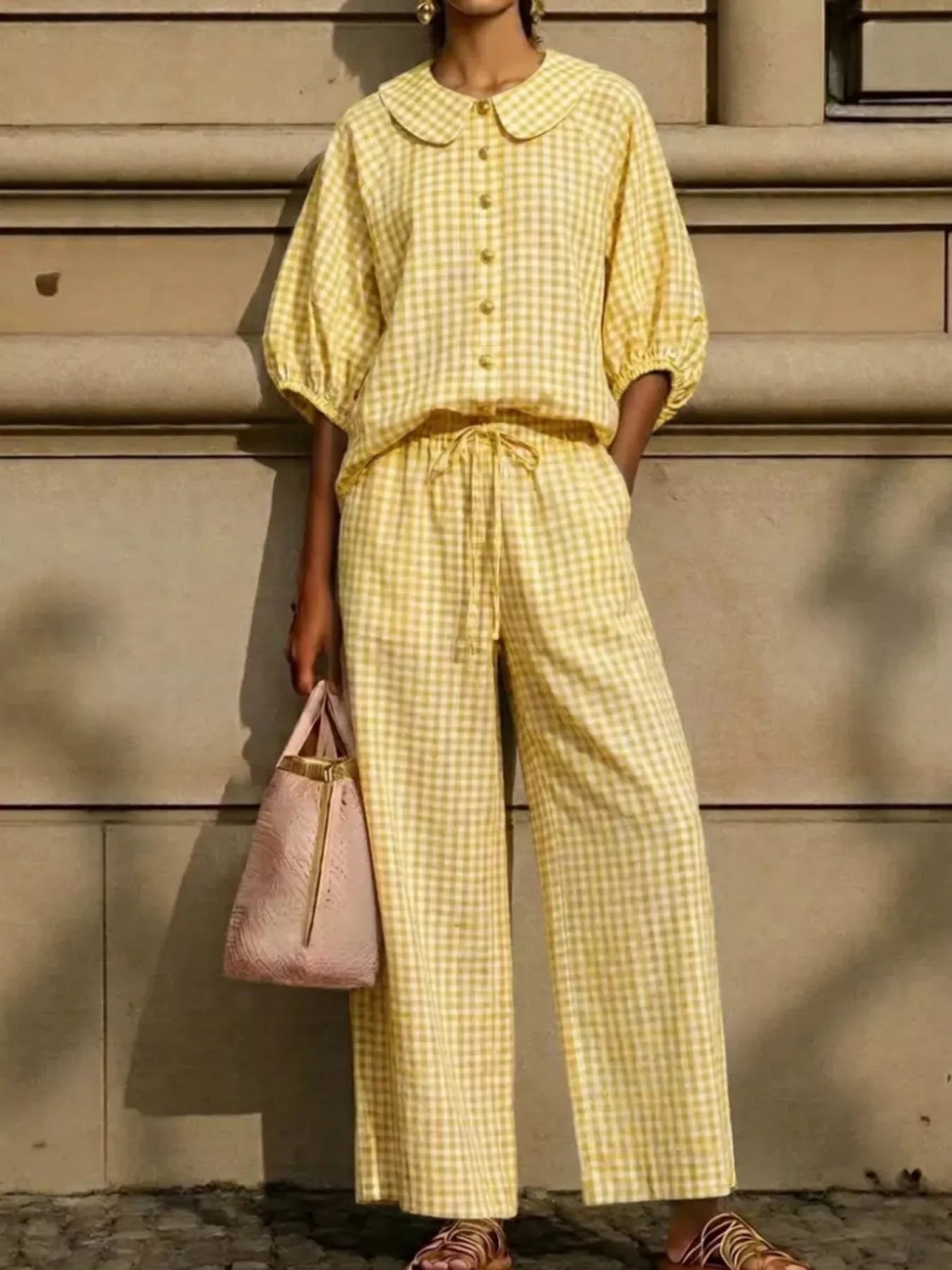 Full Size Plaid Button Up Shirt and Pants Set Plus Size designed for comfort and style at Lookzlike