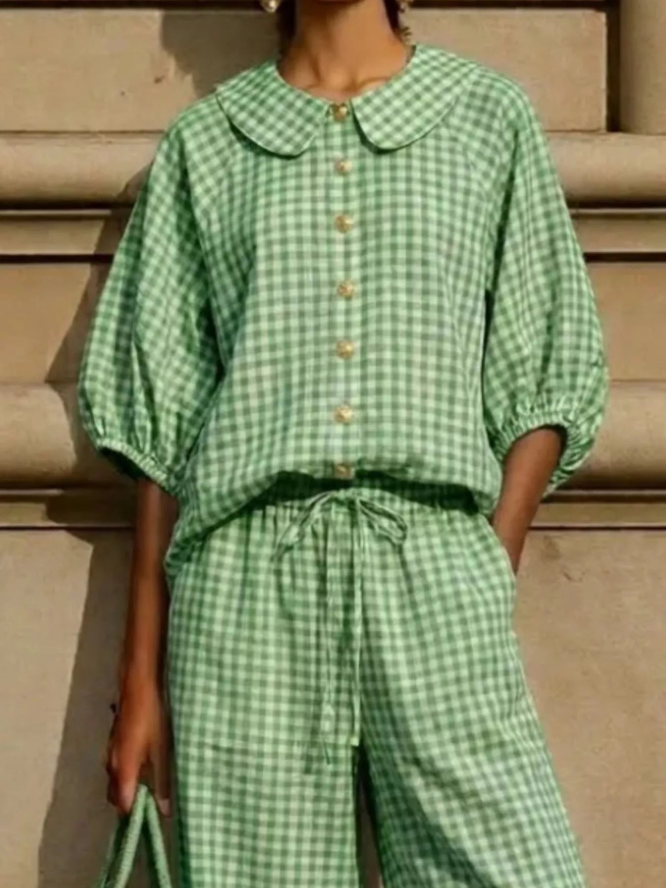 Full Size Plaid Button Up Shirt and Pants Set Plus Size designed for comfort and style at Lookzlike