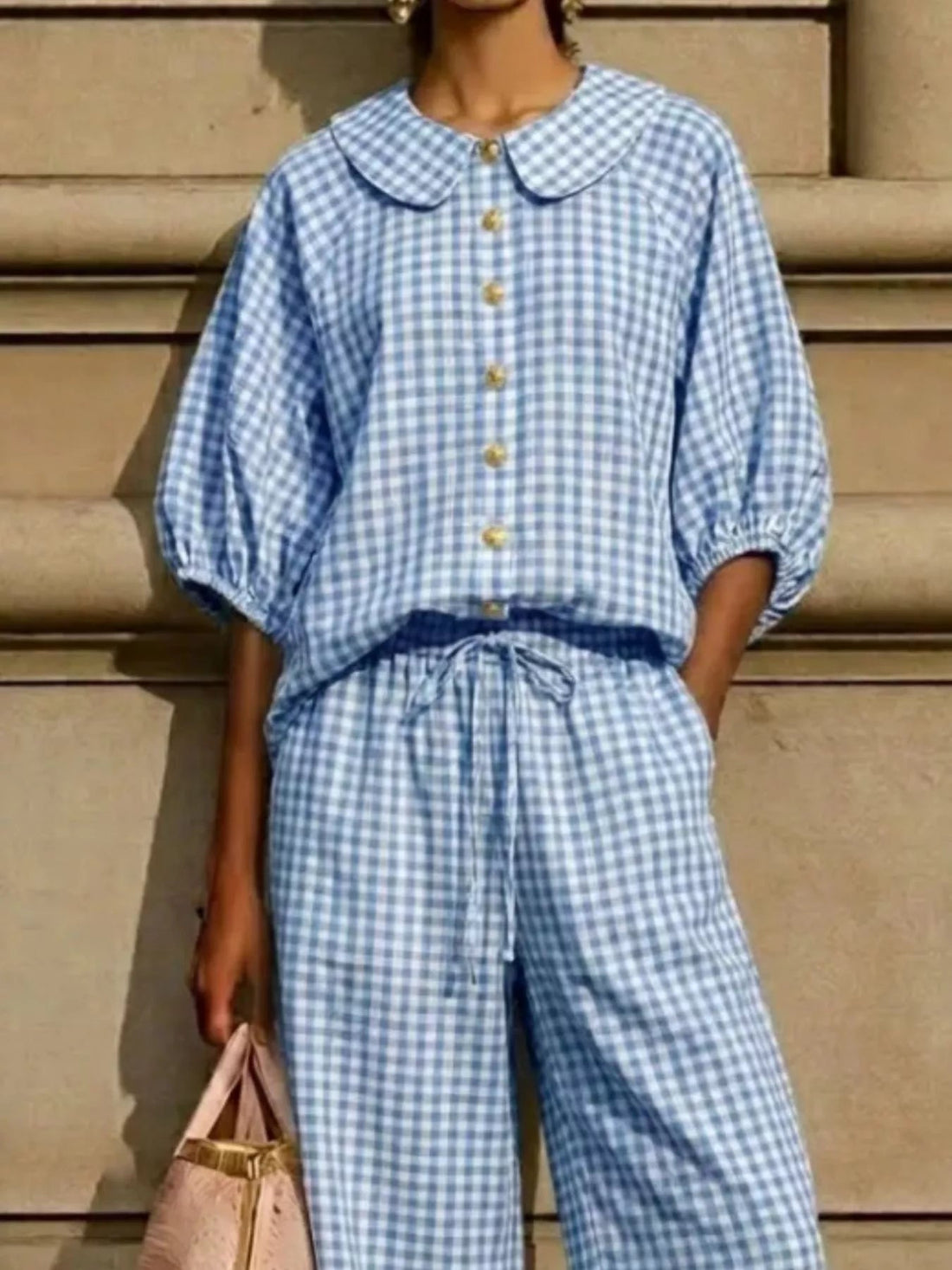 Full Size Plaid Button Up Shirt and Pants Set Plus Size designed for comfort and style at Lookzlike