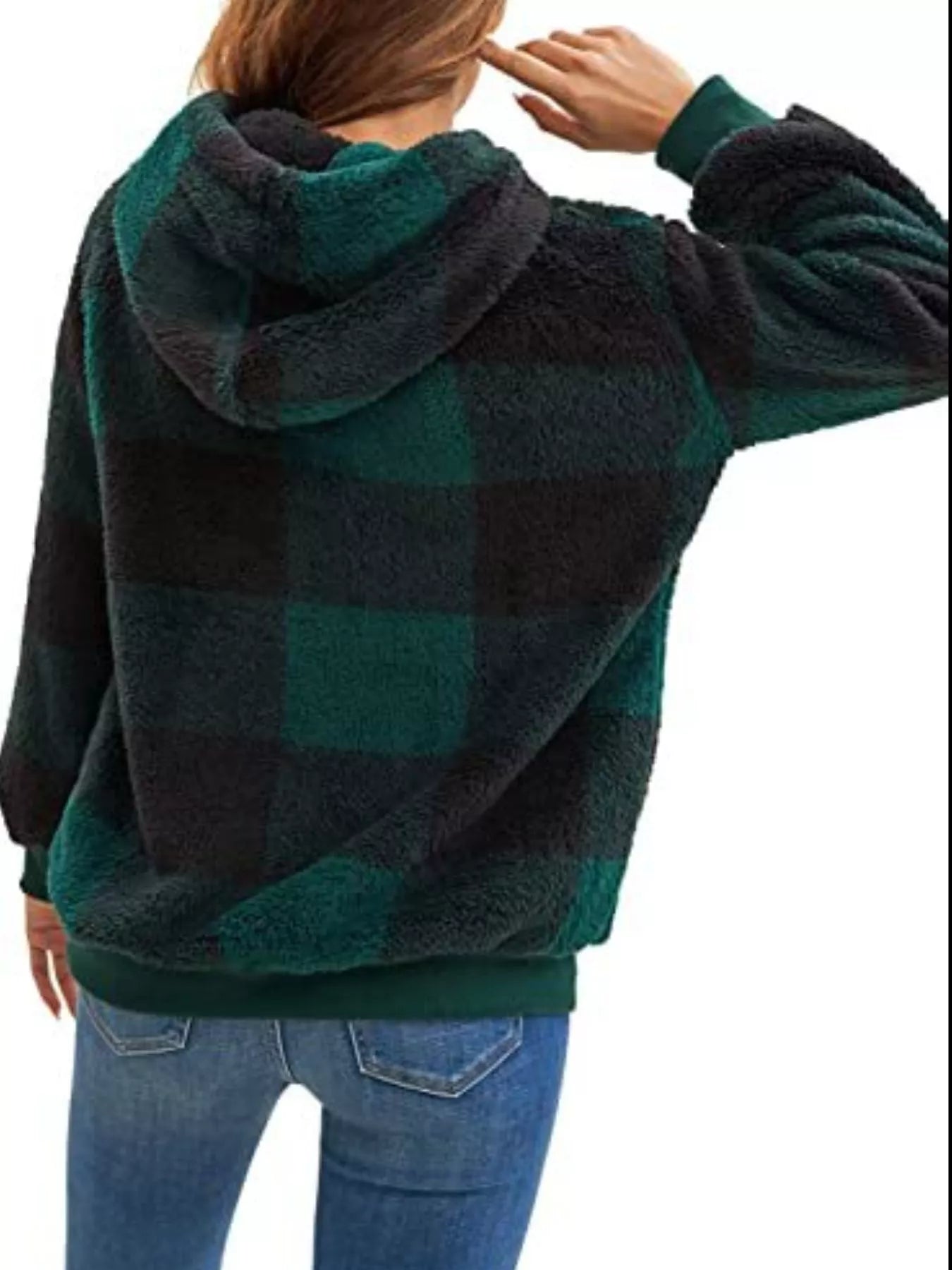 Full Size Plaid Sherpa Drawstring Hoodie Plus Size designed for comfort and style at Lookzlike