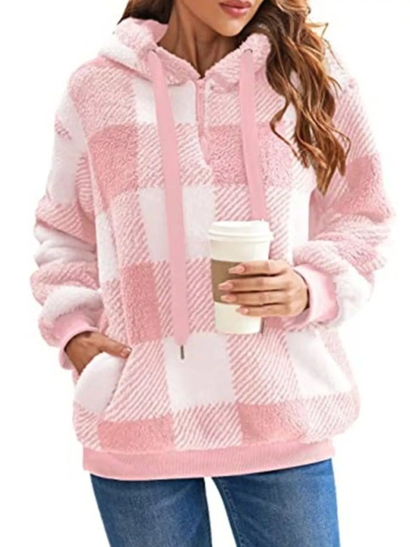 Full Size Plaid Sherpa Drawstring Hoodie Plus Size designed for comfort and style at Lookzlike