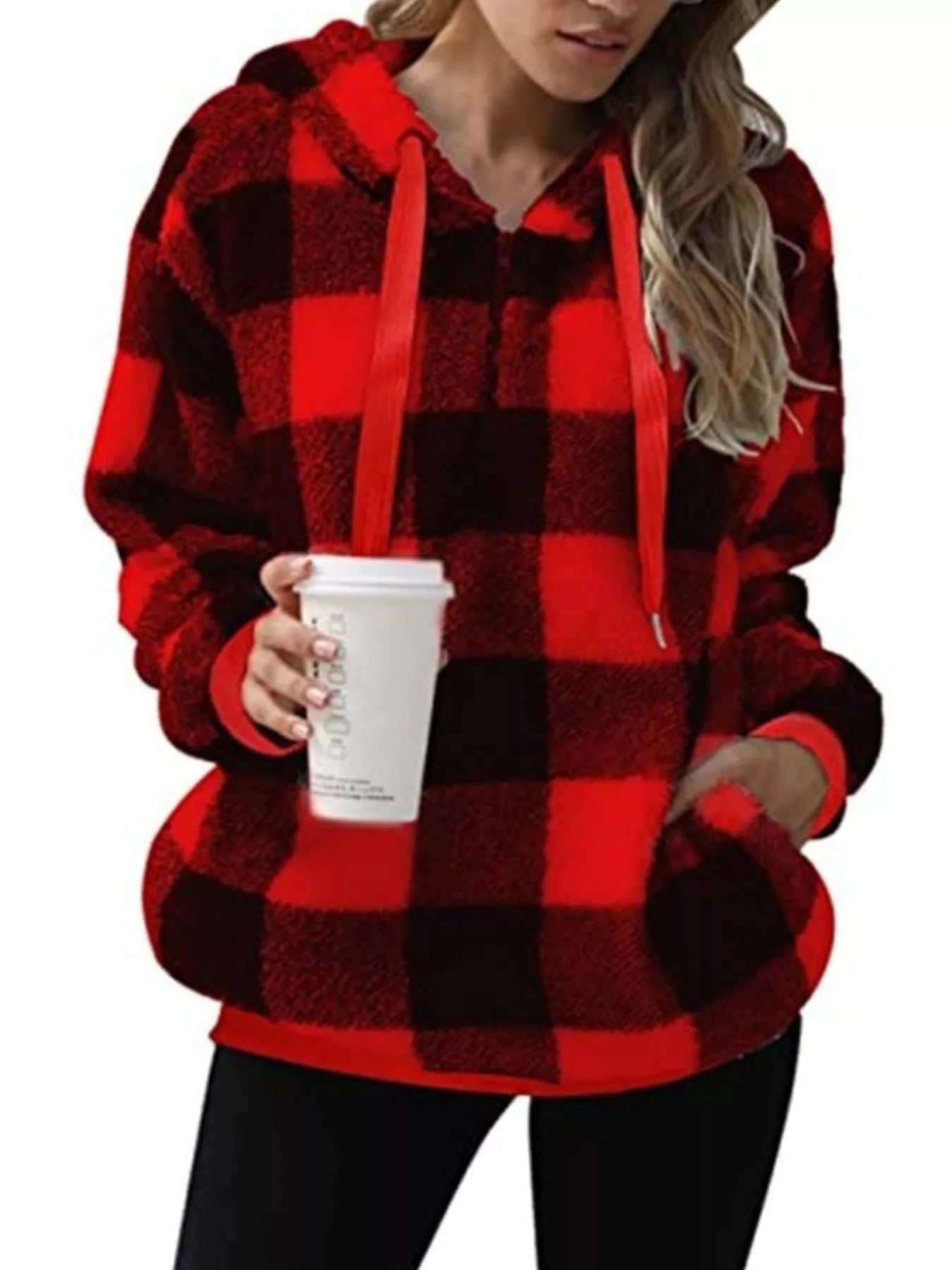 Full Size Plaid Sherpa Drawstring Hoodie Plus Size designed for comfort and style at Lookzlike