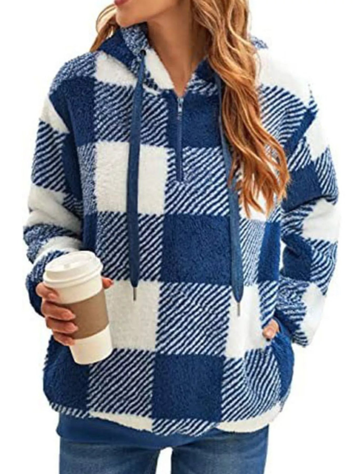 Full Size Plaid Sherpa Drawstring Hoodie Plus Size designed for comfort and style at Lookzlike