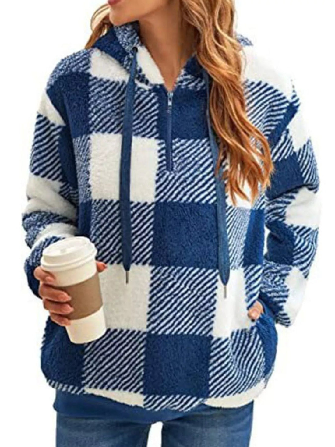 Full Size Plaid Sherpa Drawstring Hoodie Plus Size designed for comfort and style at Lookzlike