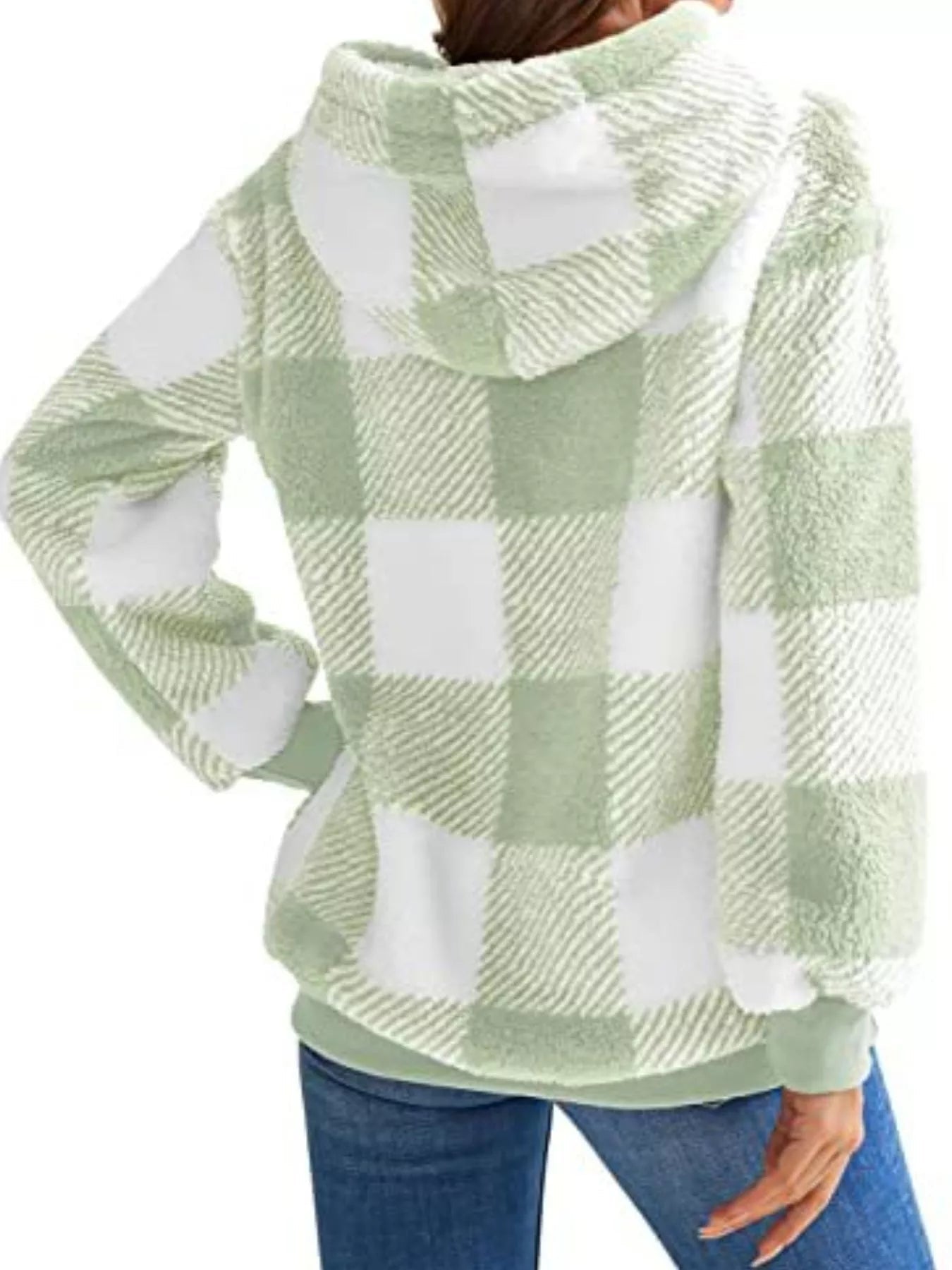 Full Size Plaid Sherpa Drawstring Hoodie Plus Size designed for comfort and style at Lookzlike