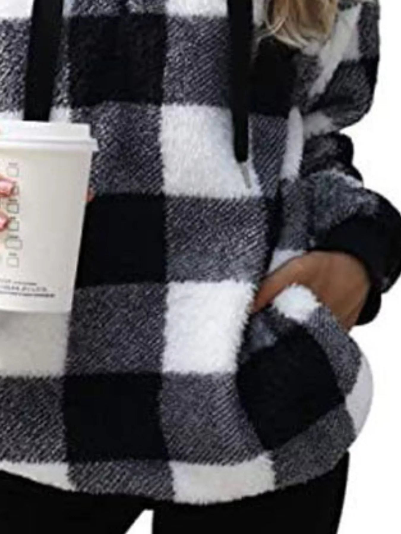 Full Size Plaid Sherpa Drawstring Hoodie Plus Size designed for comfort and style at Lookzlike