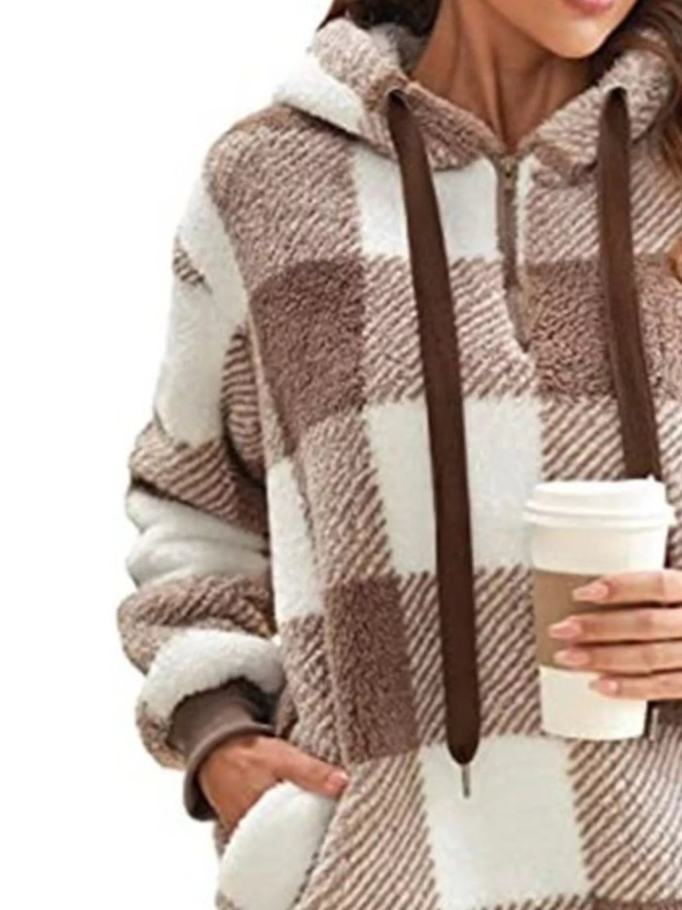 Full Size Plaid Sherpa Drawstring Hoodie Plus Size designed for comfort and style at Lookzlike