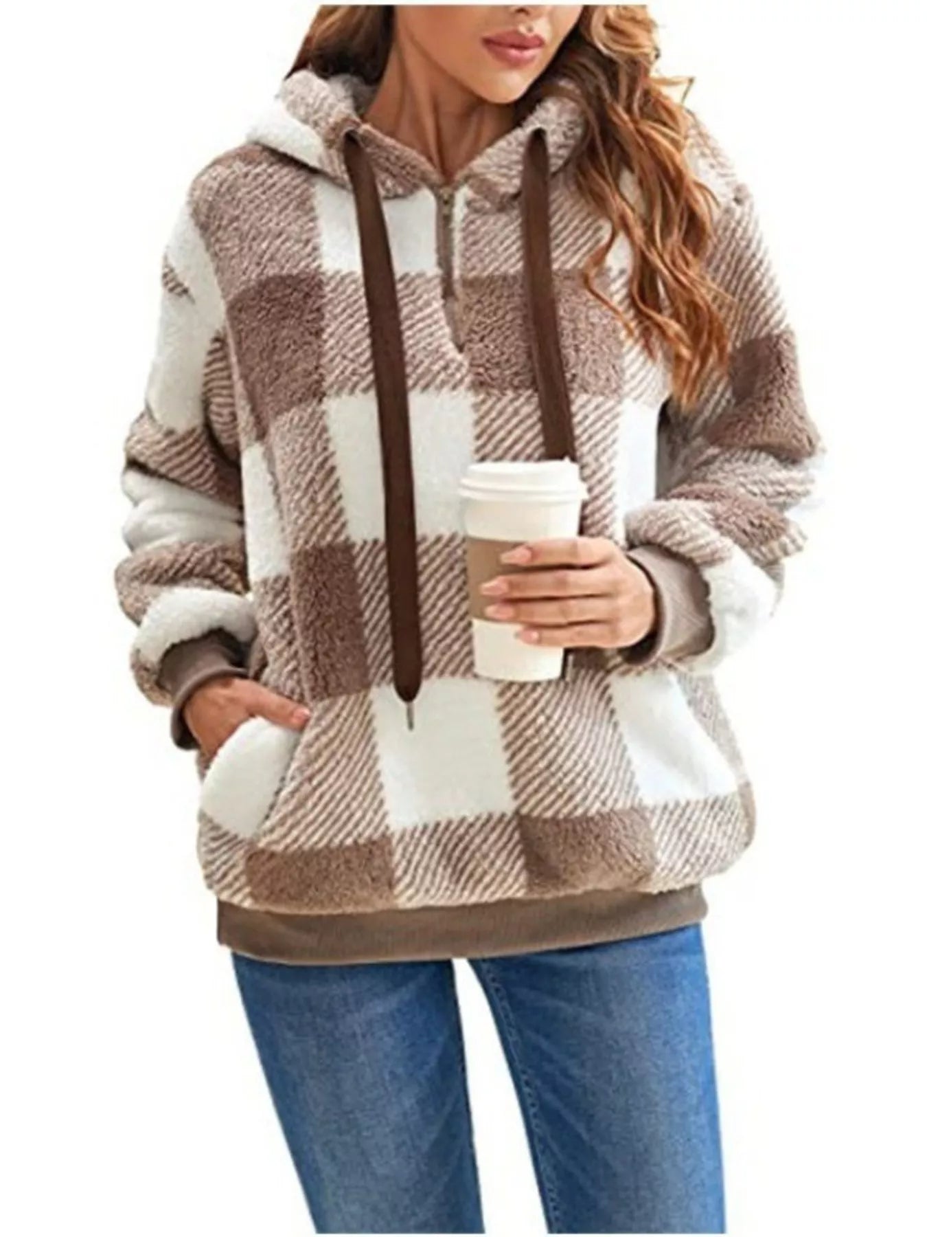 Full Size Plaid Sherpa Drawstring Hoodie Plus Size designed for comfort and style at Lookzlike