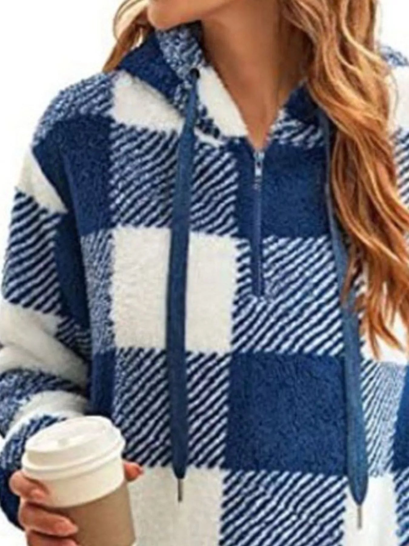 Full Size Plaid Sherpa Drawstring Hoodie Plus Size designed for comfort and style at Lookzlike