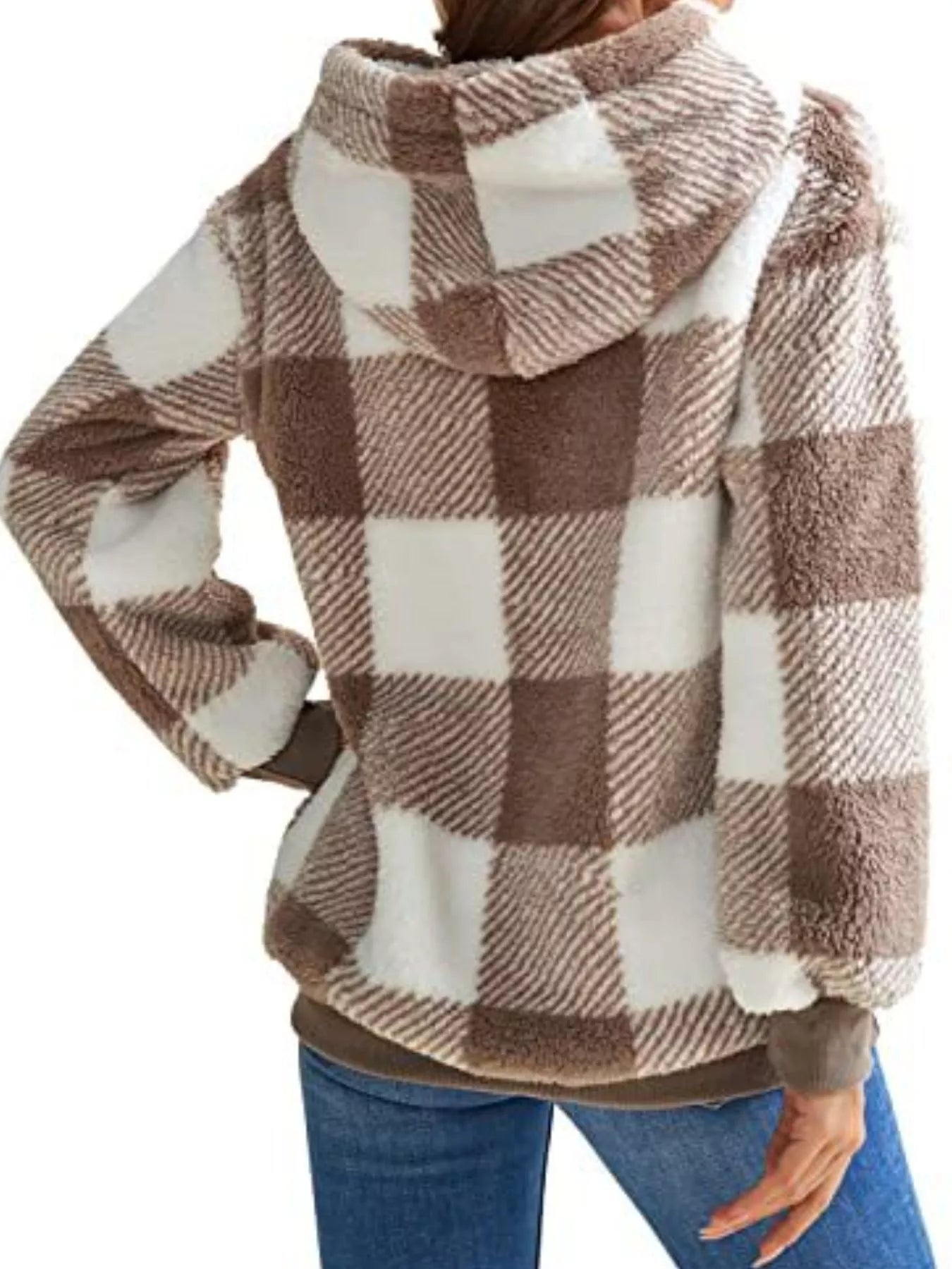 Full Size Plaid Sherpa Drawstring Hoodie Plus Size designed for comfort and style at Lookzlike