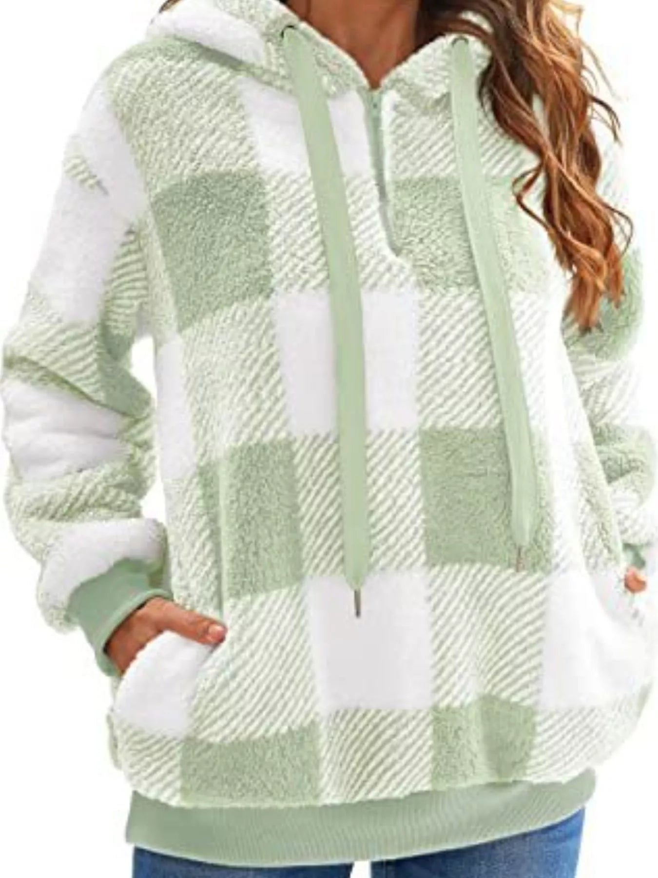 Full Size Plaid Sherpa Drawstring Hoodie Plus Size designed for comfort and style at Lookzlike