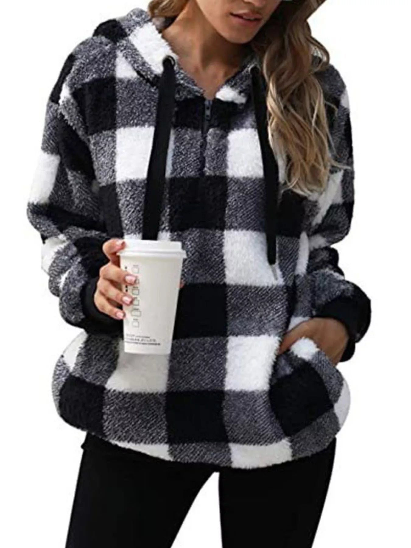 Full Size Plaid Sherpa Drawstring Hoodie Plus Size designed for comfort and style at Lookzlike