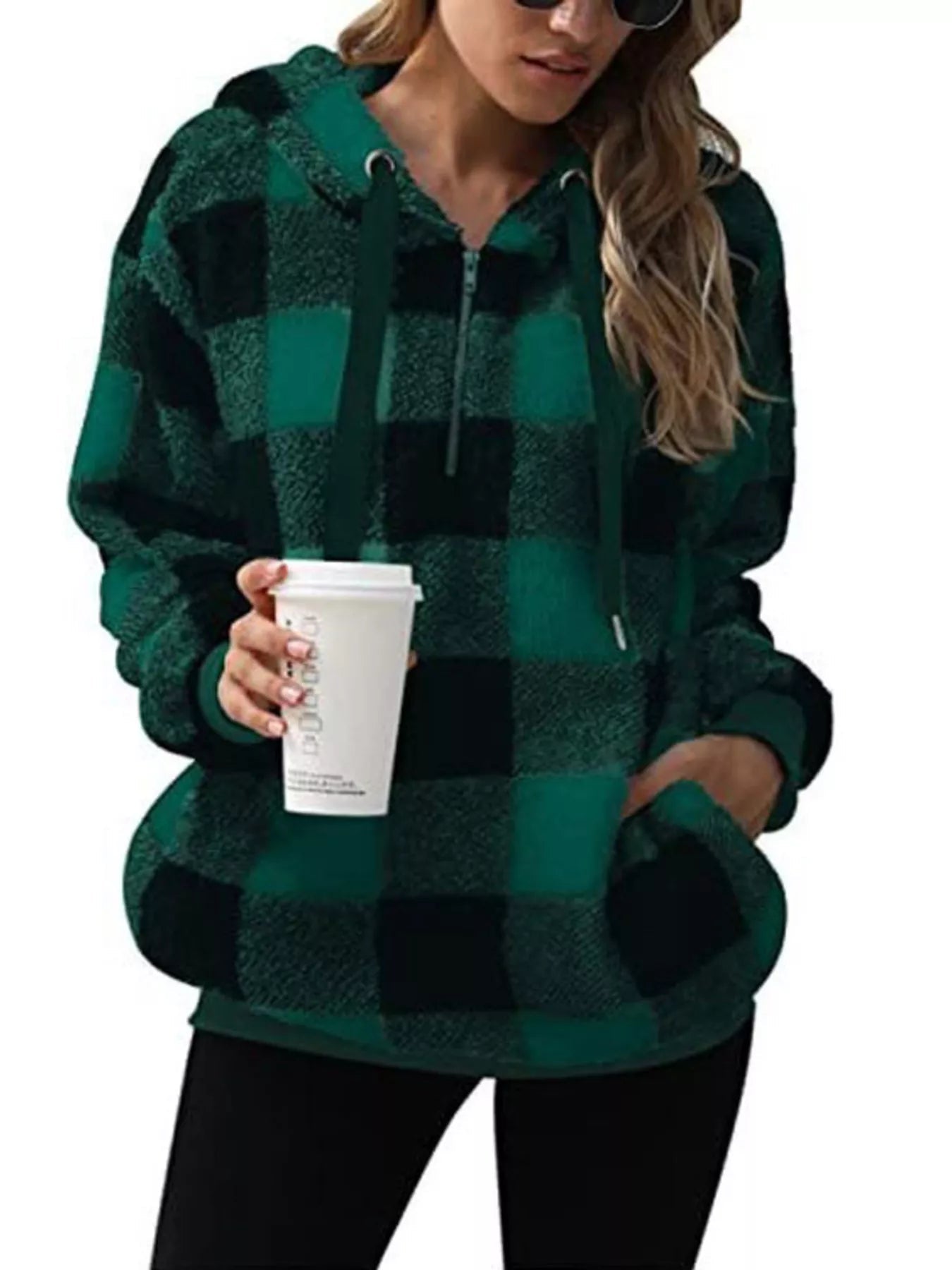 Full Size Plaid Sherpa Drawstring Hoodie Plus Size designed for comfort and style at Lookzlike