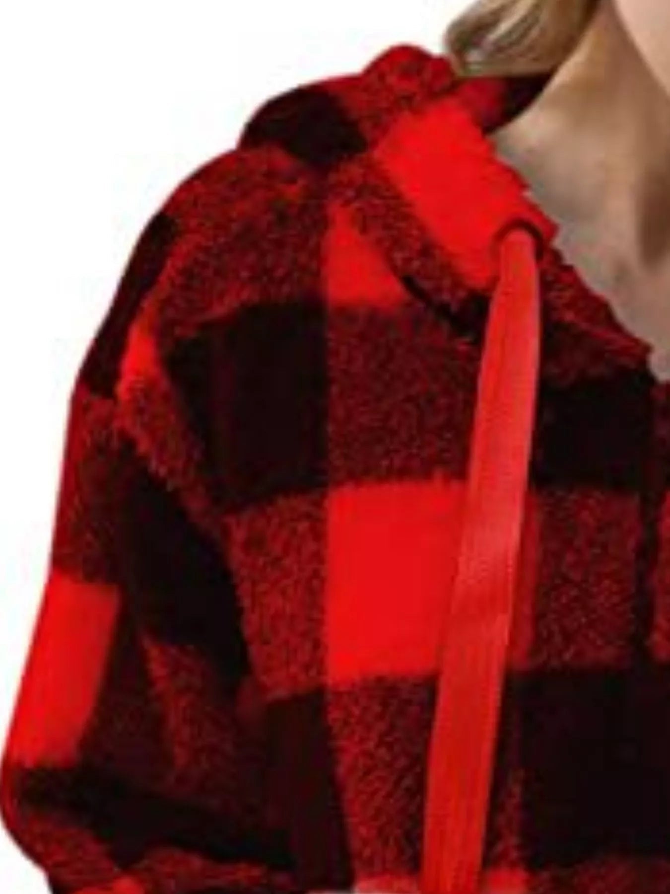 Full Size Plaid Sherpa Drawstring Hoodie Plus Size designed for comfort and style at Lookzlike
