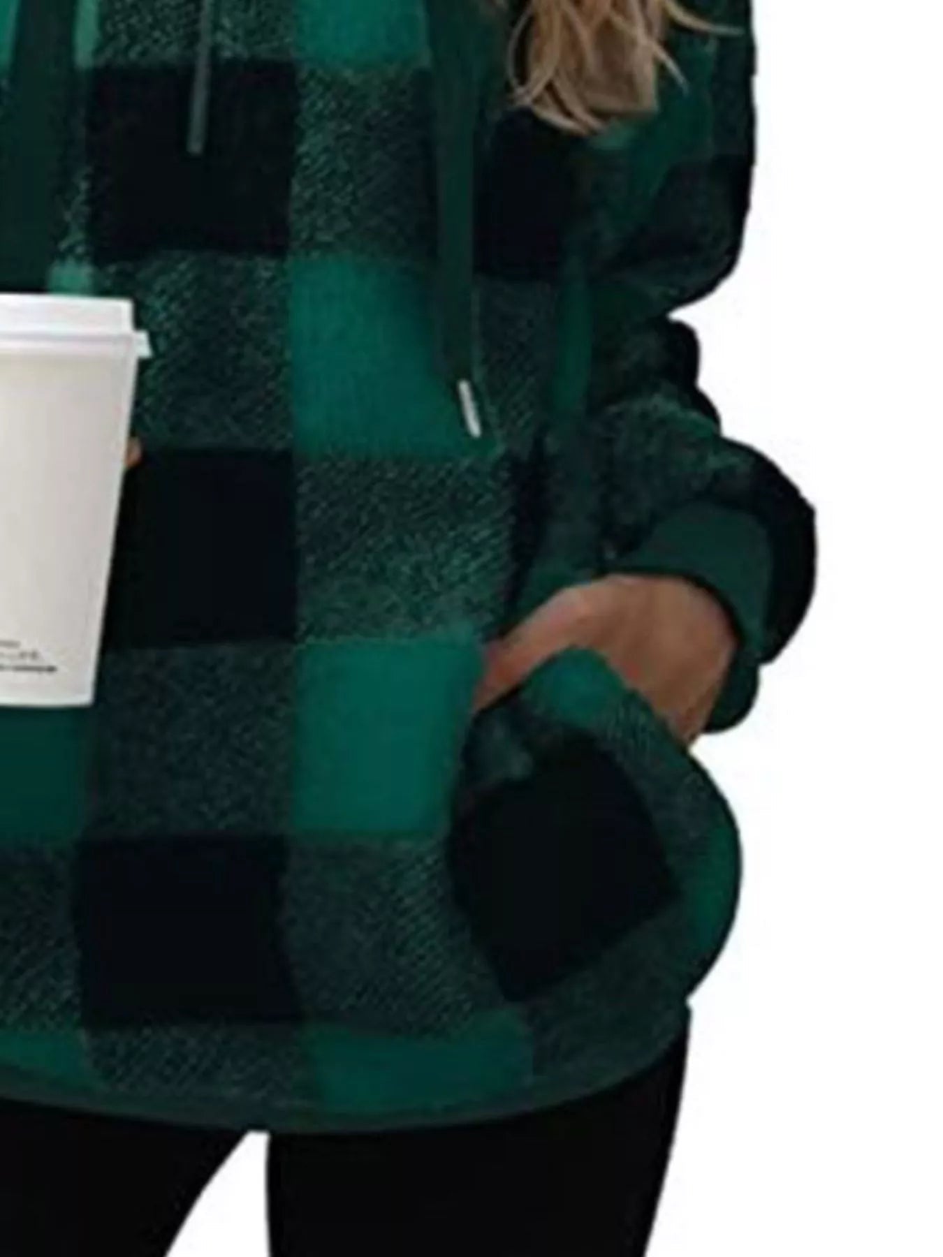 Full Size Plaid Sherpa Drawstring Hoodie Plus Size designed for comfort and style at Lookzlike