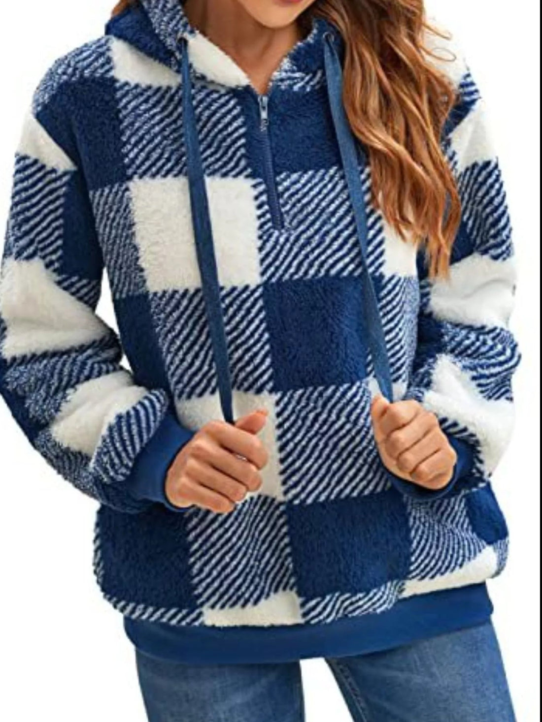 Full Size Plaid Sherpa Drawstring Hoodie Plus Size designed for comfort and style at Lookzlike