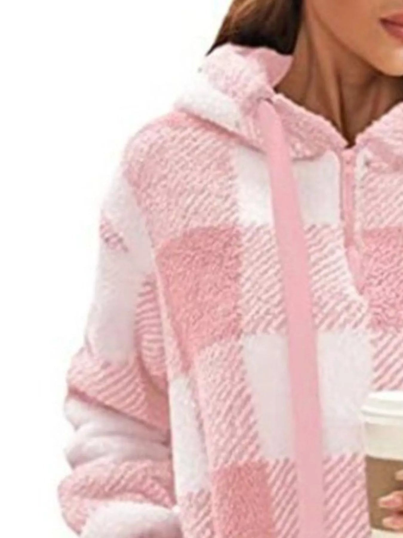 Full Size Plaid Sherpa Drawstring Hoodie Plus Size designed for comfort and style at Lookzlike