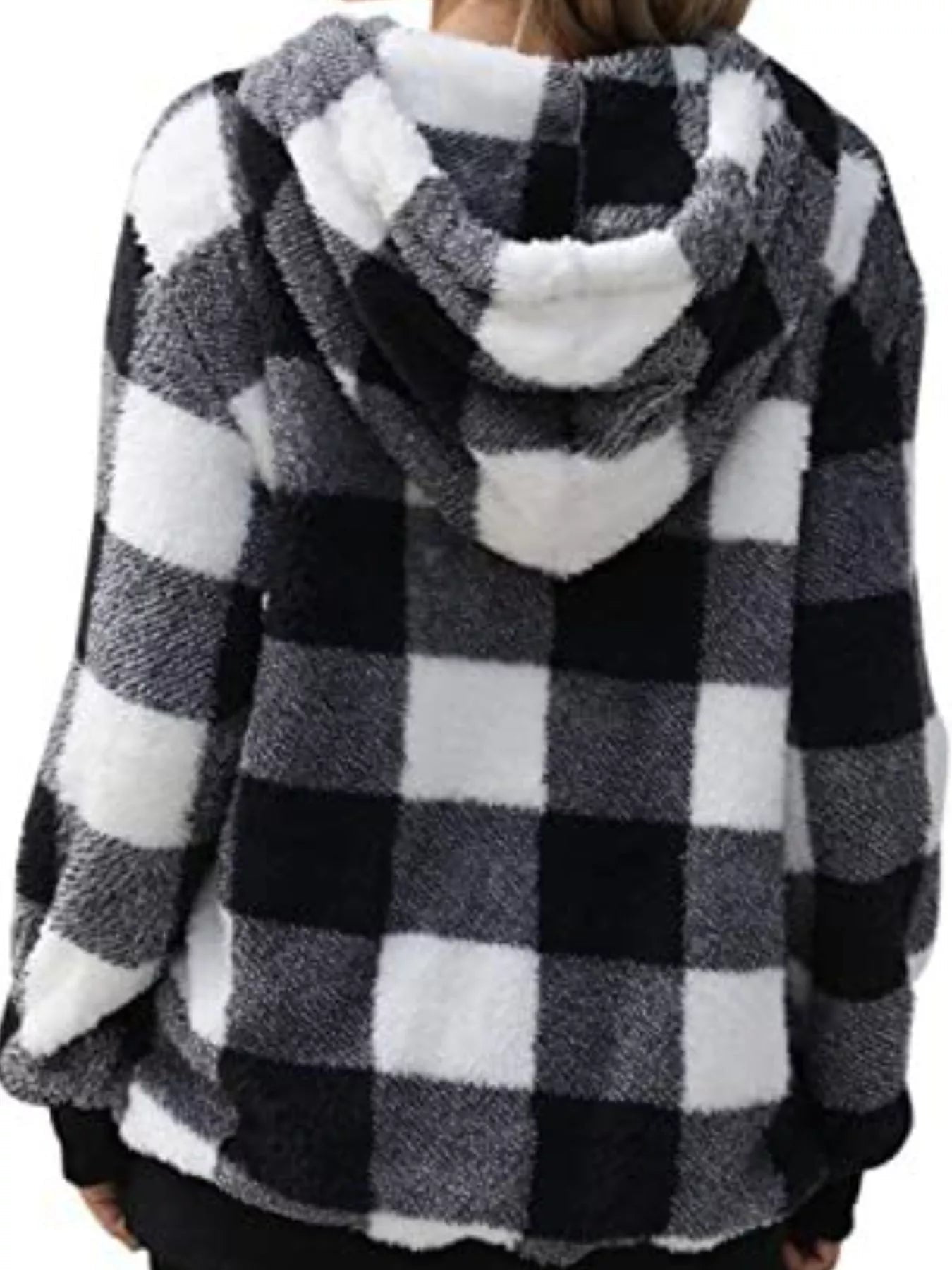 Full Size Plaid Sherpa Drawstring Hoodie Plus Size designed for comfort and style at Lookzlike