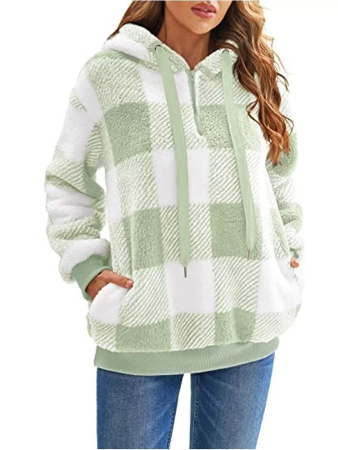 Full Size Plaid Sherpa Drawstring Hoodie Plus Size designed for comfort and style at Lookzlike