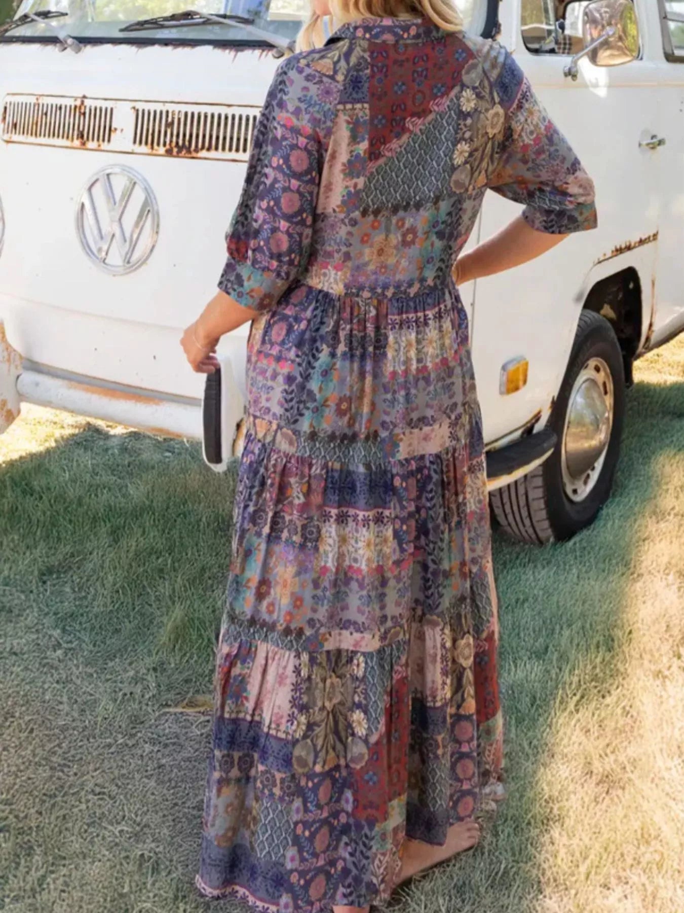 Full Size Printed Half Sleeve Midi Dress Plus Size designed for comfort and style at Lookzlike