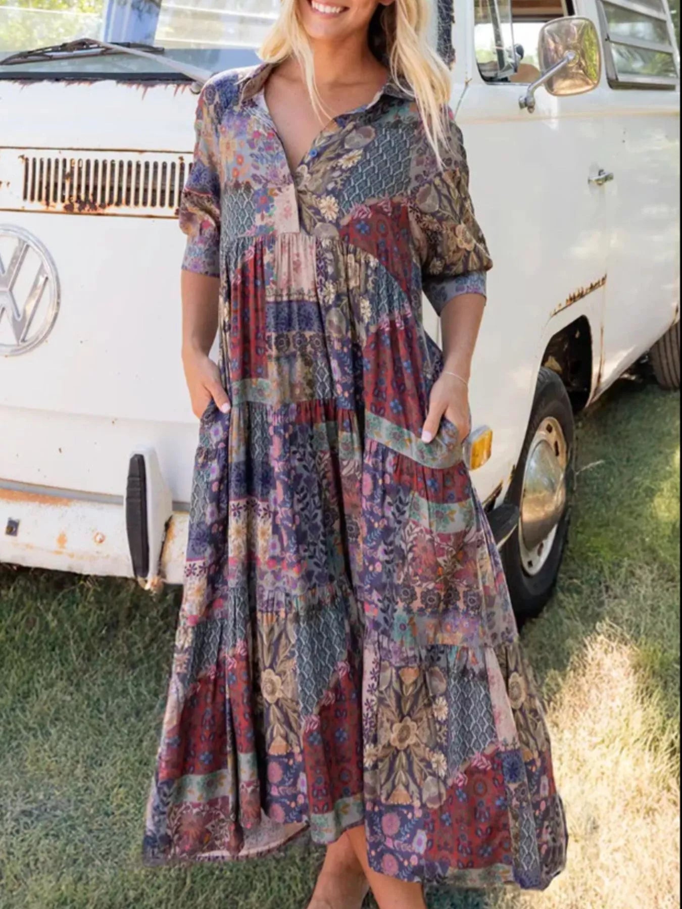 Full Size Printed Half Sleeve Midi Dress Plus Size designed for comfort and style at Lookzlike