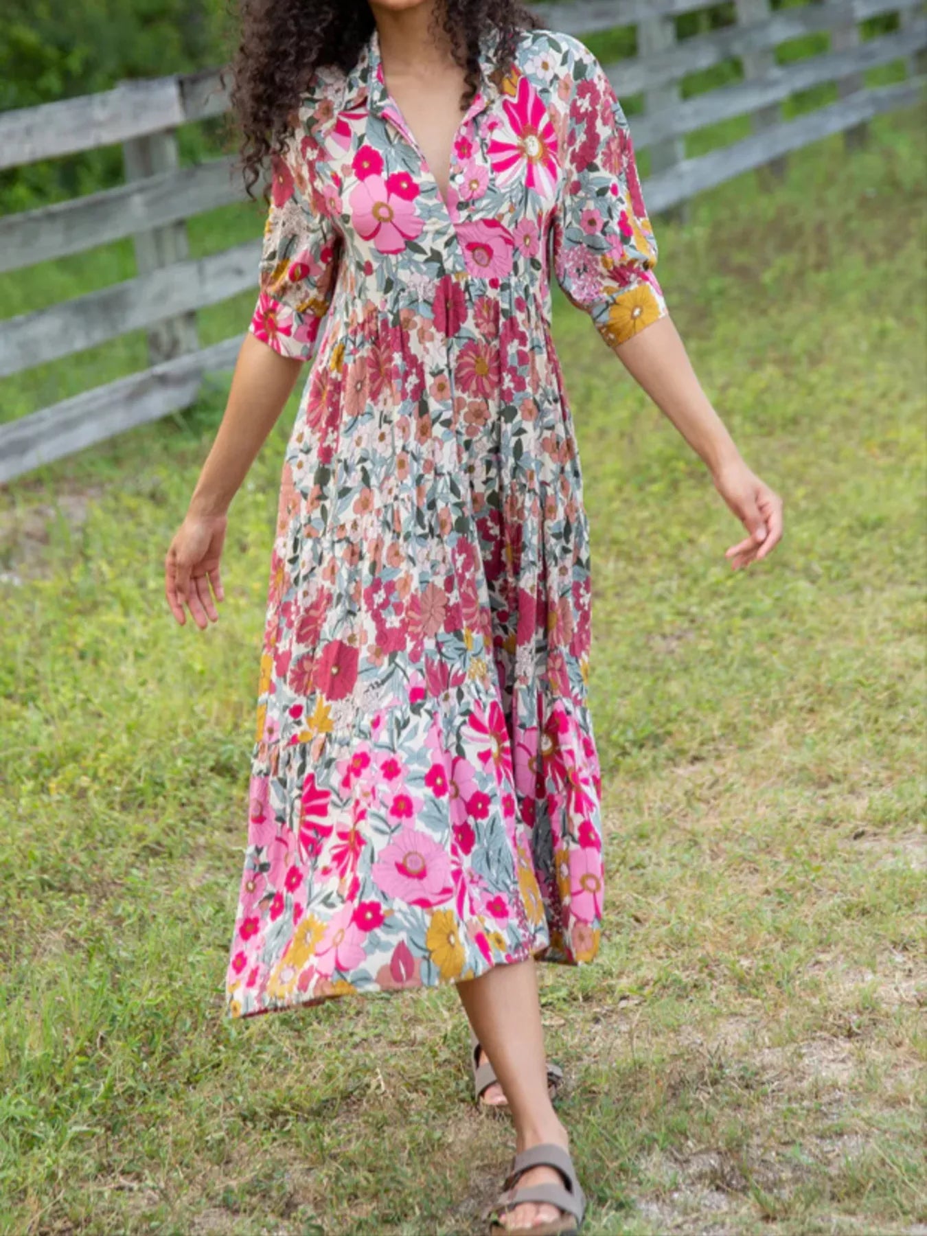 Full Size Printed Half Sleeve Midi Dress Plus Size designed for comfort and style at Lookzlike