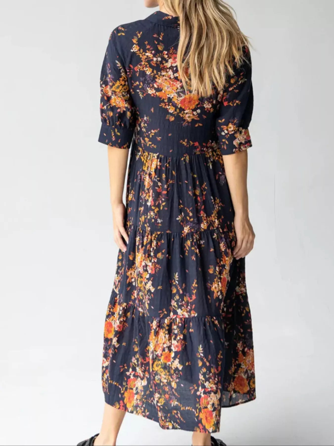 Full Size Printed Half Sleeve Midi Dress Plus Size designed for comfort and style at Lookzlike