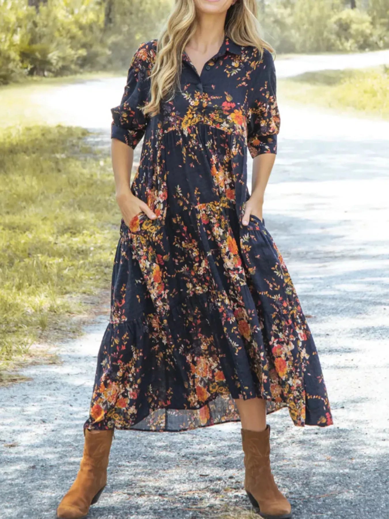Full Size Printed Half Sleeve Midi Dress Plus Size designed for comfort and style at Lookzlike