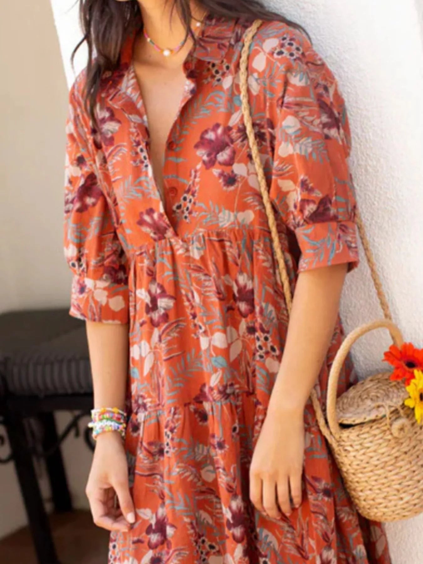 Full Size Printed Half Sleeve Midi Dress Plus Size designed for comfort and style at Lookzlike