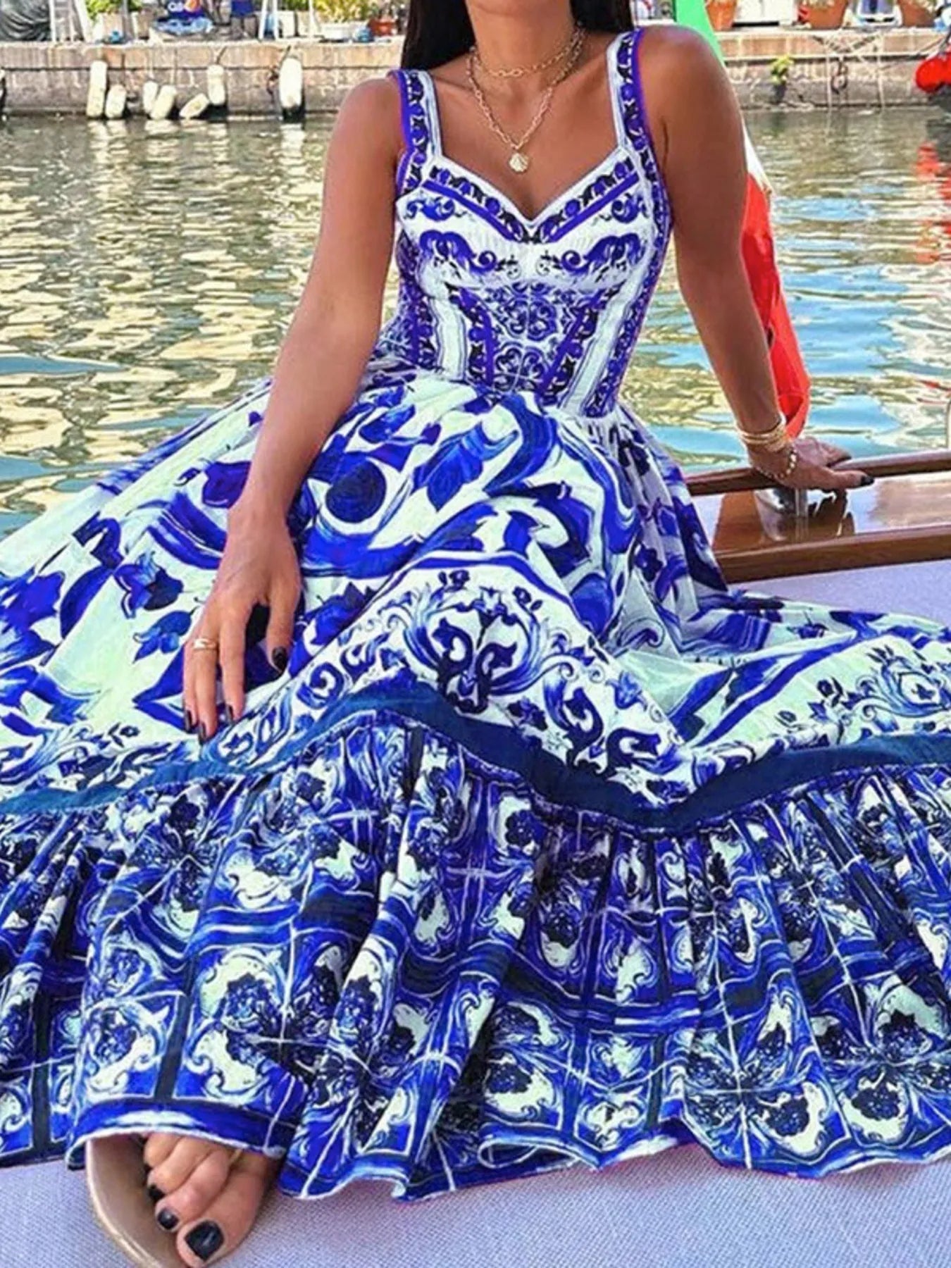 Full Size Printed Sweetheart Neck Maxi Cami Dress Plus Size - Lookzlike