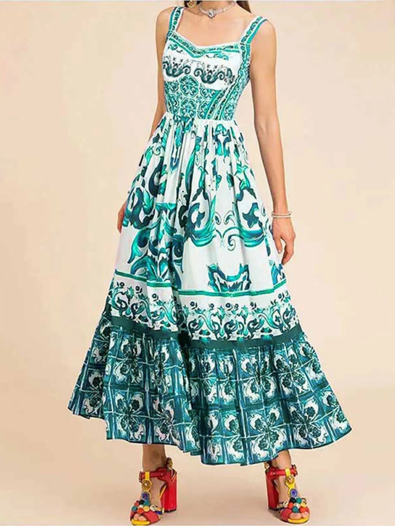 Full Size Printed Sweetheart Neck Maxi Cami Dress Plus Size - Lookzlike