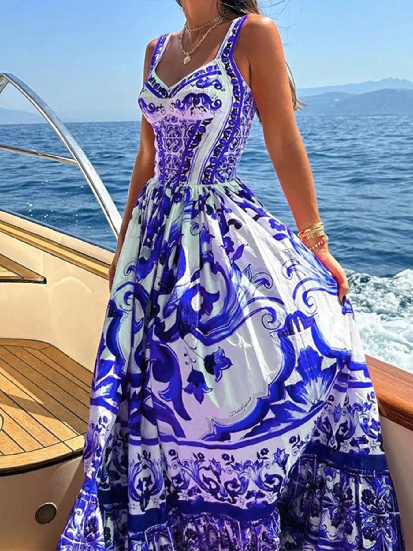 Full Size Printed Sweetheart Neck Maxi Cami Dress Plus Size - Lookzlike