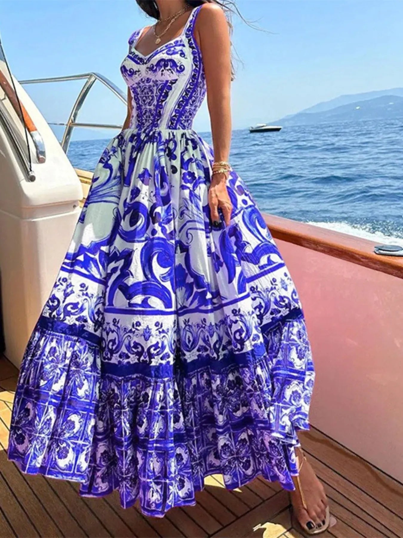 Full Size Printed Sweetheart Neck Maxi Cami Dress Plus Size - Lookzlike