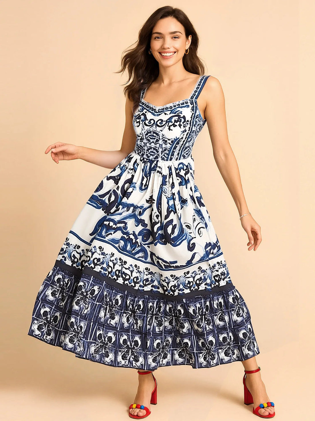 Full Size Printed Sweetheart Neck Maxi Cami Dress Plus Size - Lookzlike