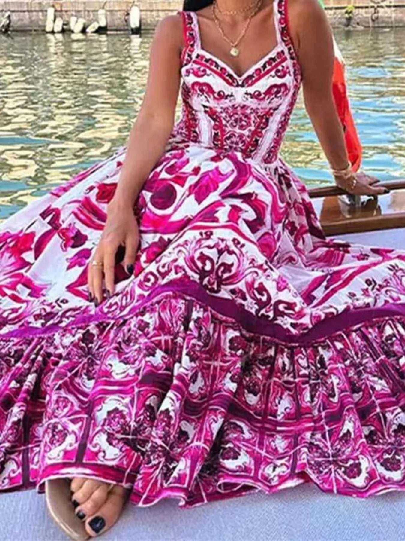 Full Size Printed Sweetheart Neck Maxi Cami Dress Plus Size - Lookzlike