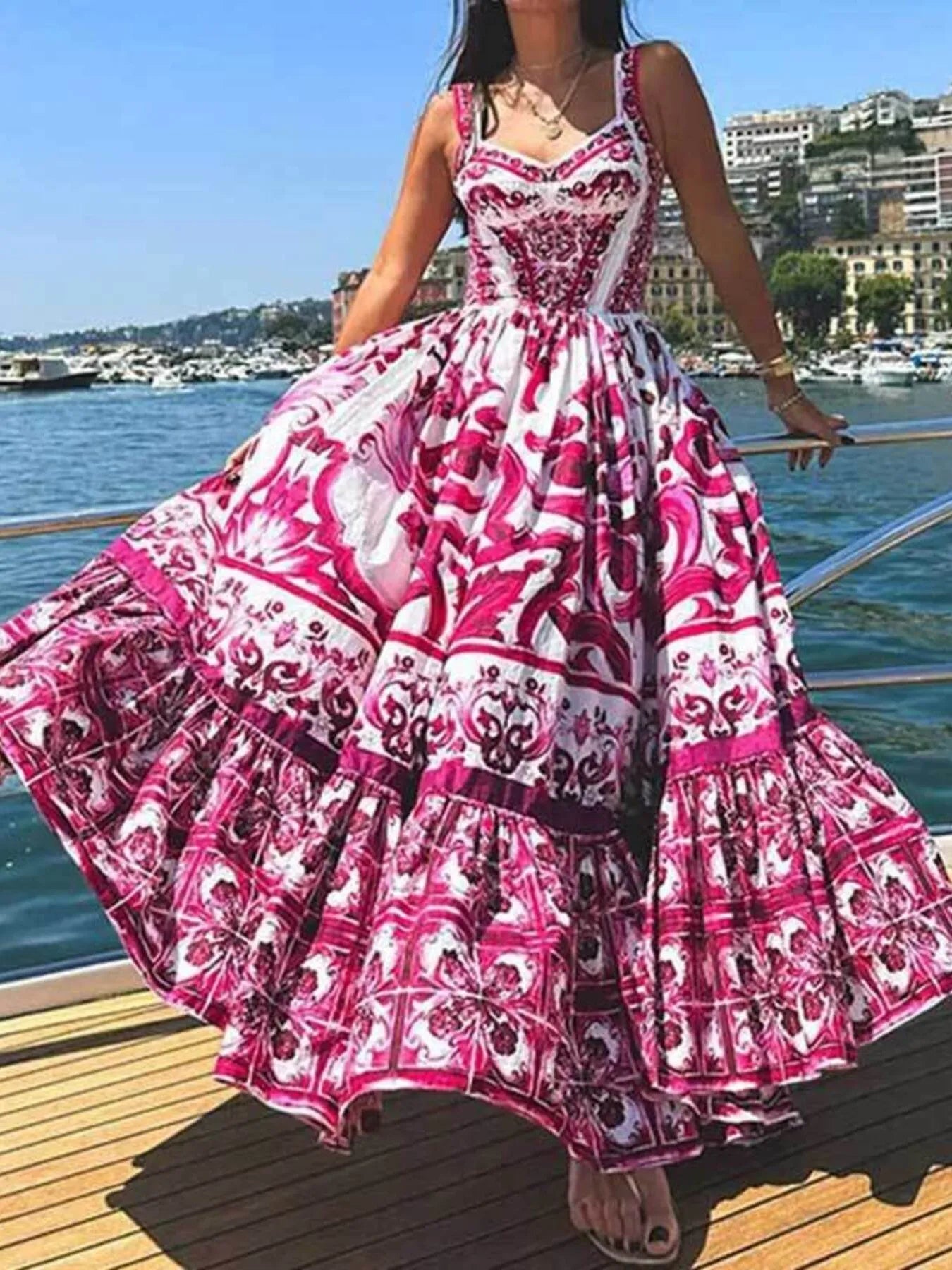 Full Size Printed Sweetheart Neck Maxi Cami Dress Plus Size - Lookzlike
