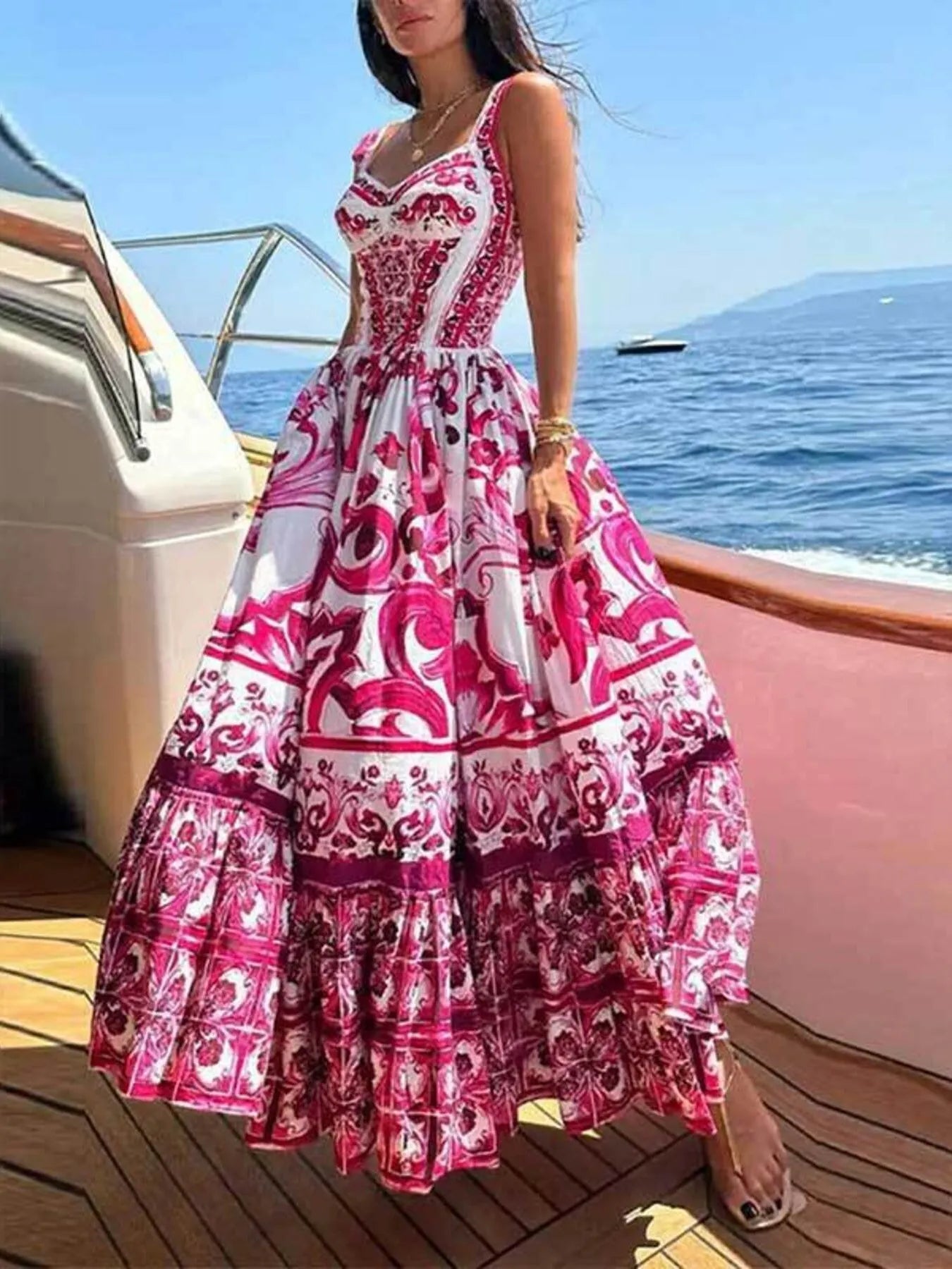 Full Size Printed Sweetheart Neck Maxi Cami Dress Plus Size - Lookzlike