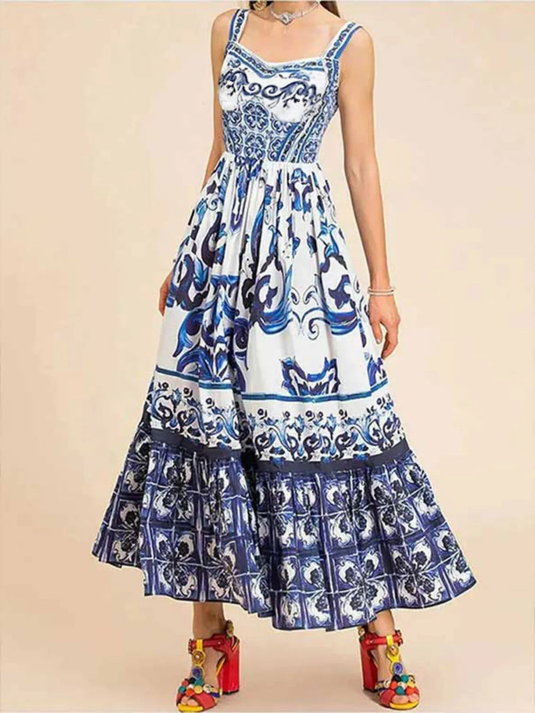 Full Size Printed Sweetheart Neck Maxi Cami Dress Plus Size - Lookzlike