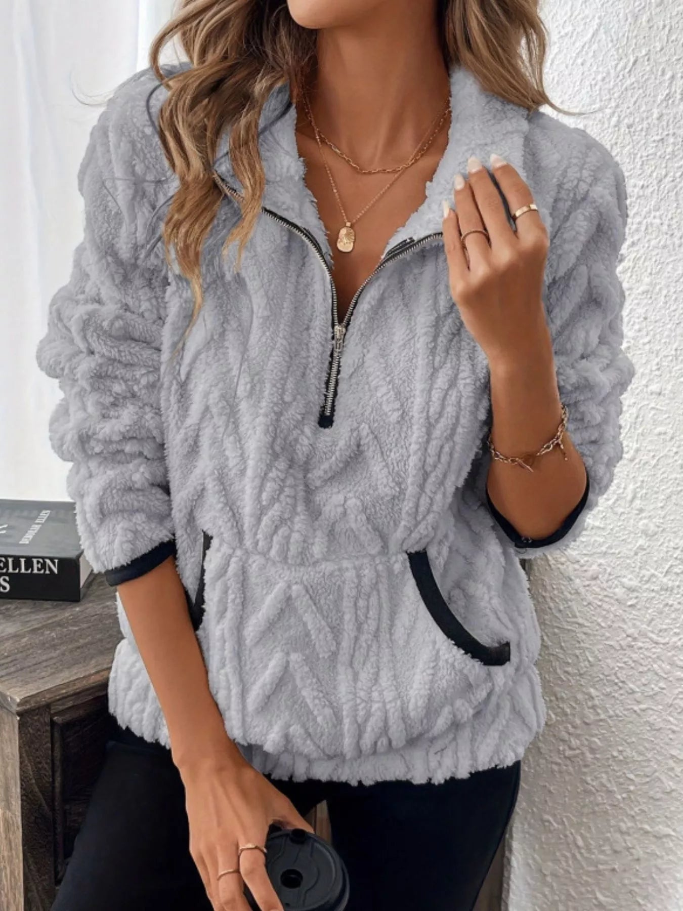 Full Size Sherpa Half Zip Sweatshirt Plus Size designed for comfort and style at Lookzlike