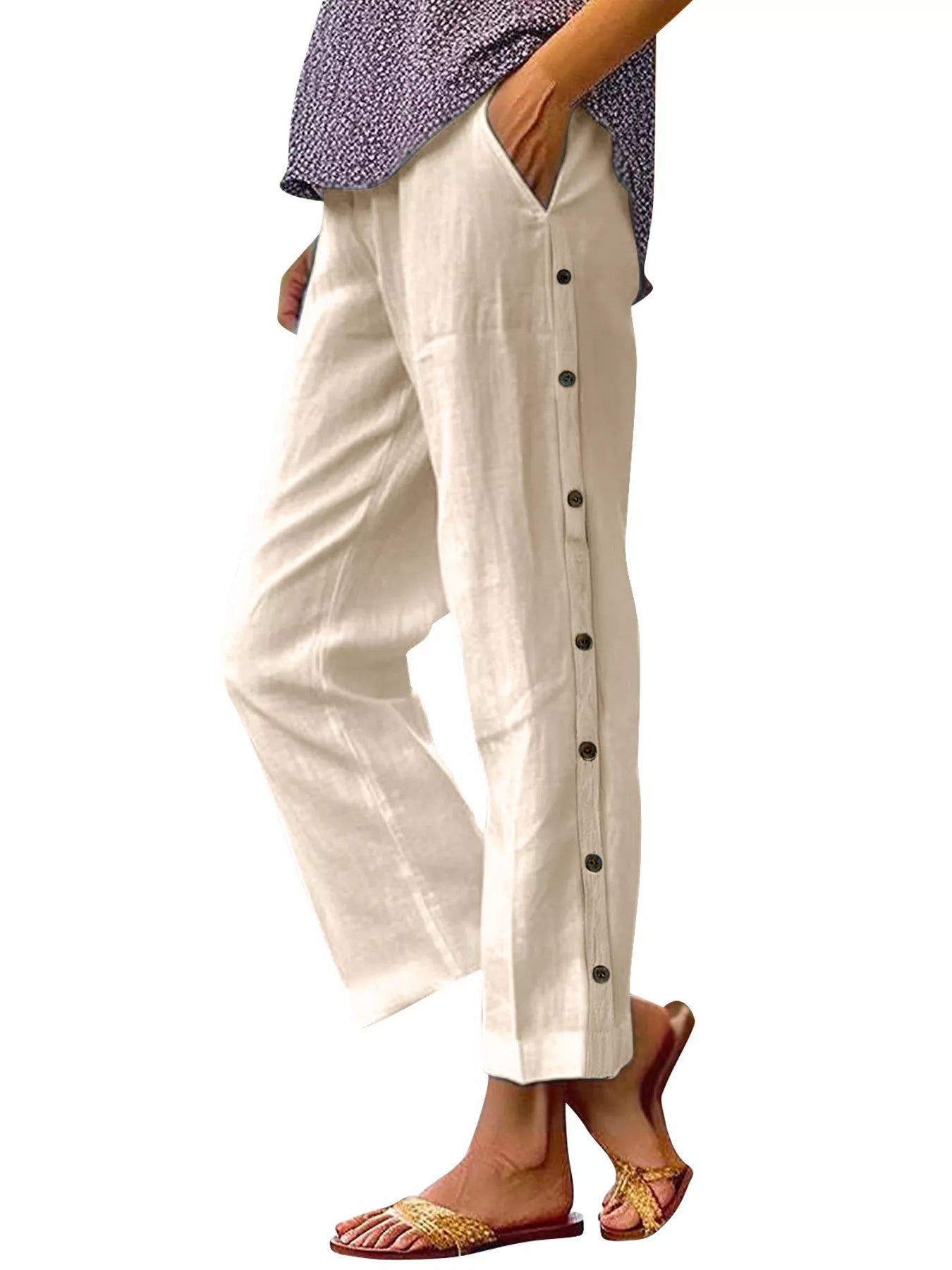 Full Size Side Button Decor Pants Plus Size designed for comfort and style at Lookzlike
